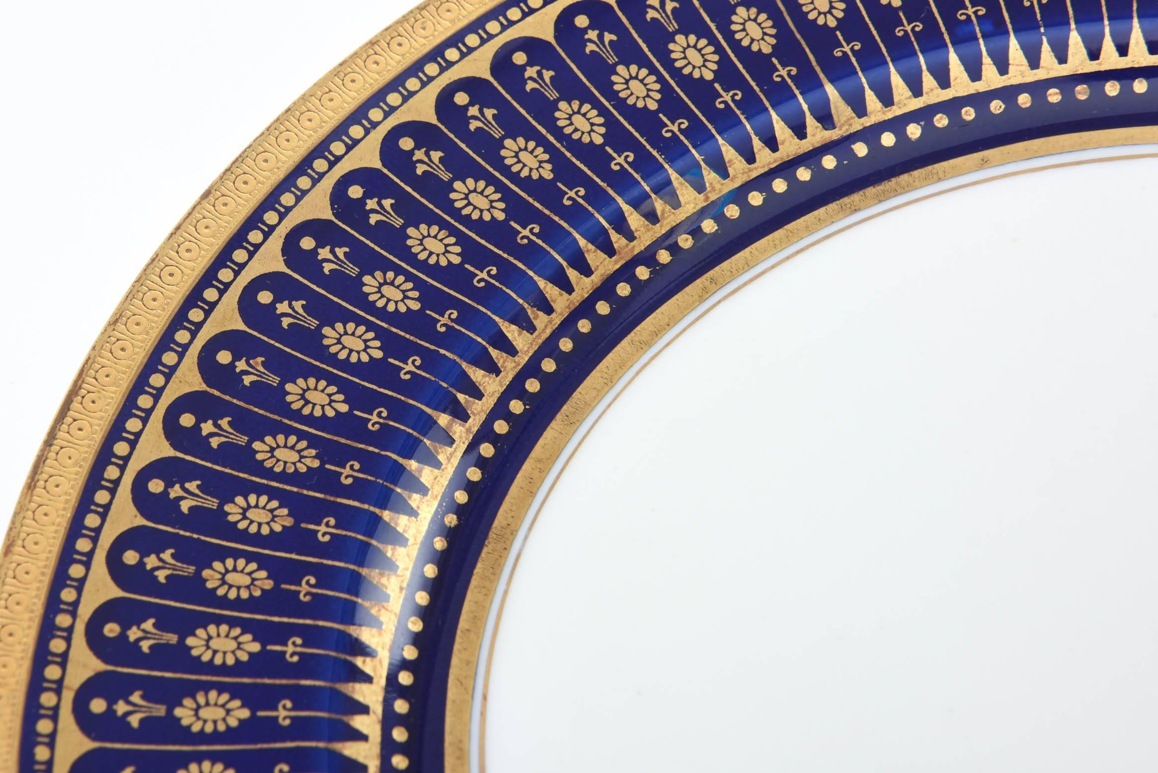 Early 20th Century 18 Striking Cobalt Blue and Gold Stripe Antique English Dessert/Salad Plates