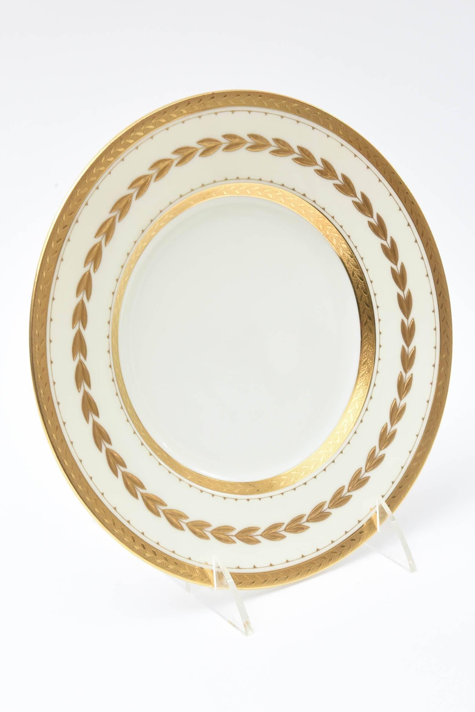 12 Tiffany Heavy Raised Gold Dessert or Salad Porcelain Plates, Antique English 2