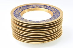 12 Tiffany Cobalt Blue and Heavy Gilt Encrusted Rimmed Soup Bowls, Antique