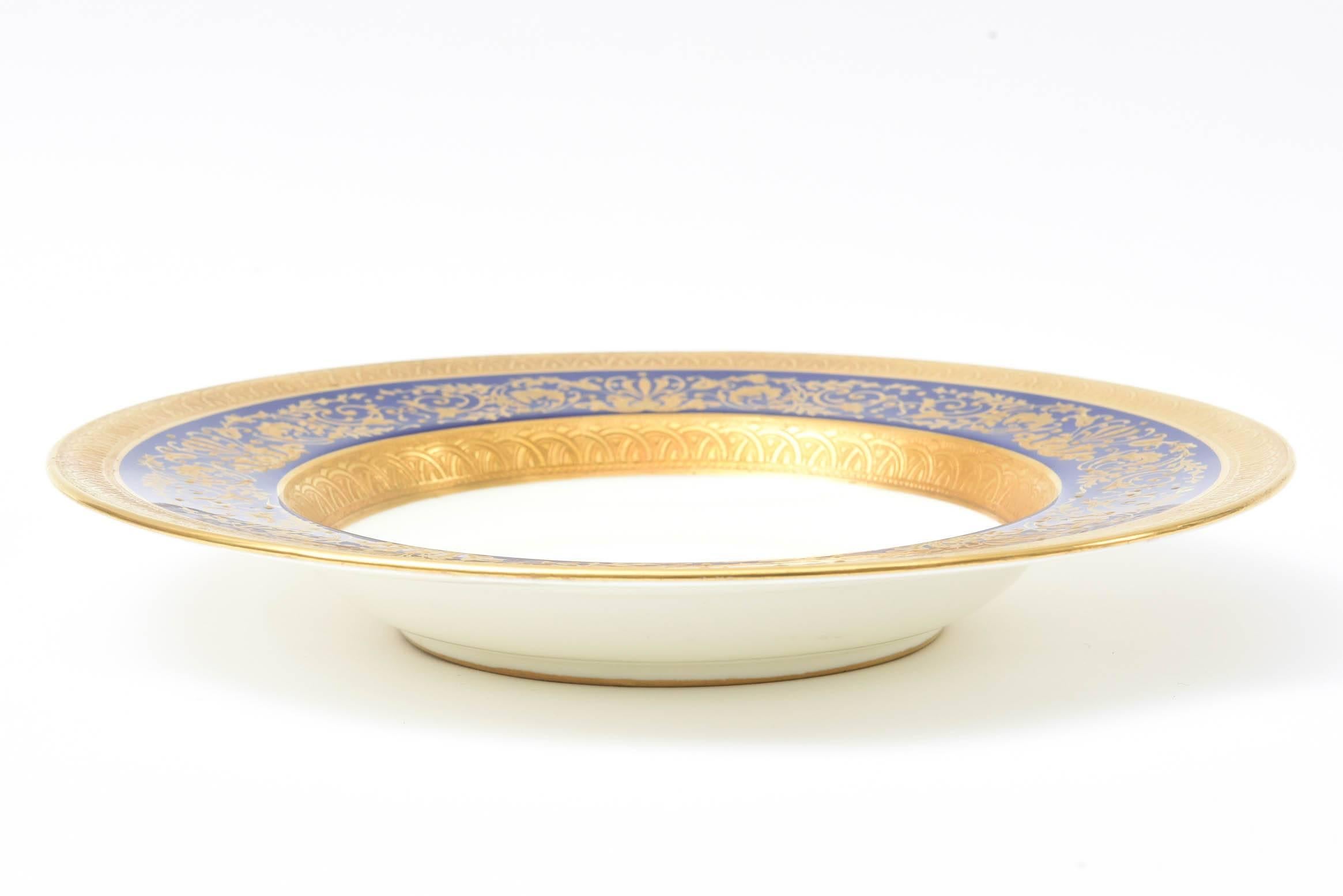 English 12 Tiffany Cobalt Blue and Heavy Gilt Encrusted Rimmed Soup Bowls, Antique