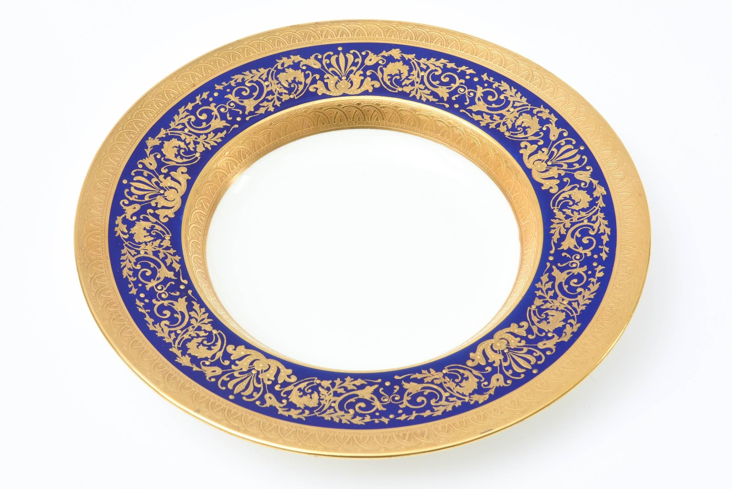 Hand-Crafted 12 Tiffany Cobalt Blue and Heavy Gilt Encrusted Rimmed Soup Bowls, Antique