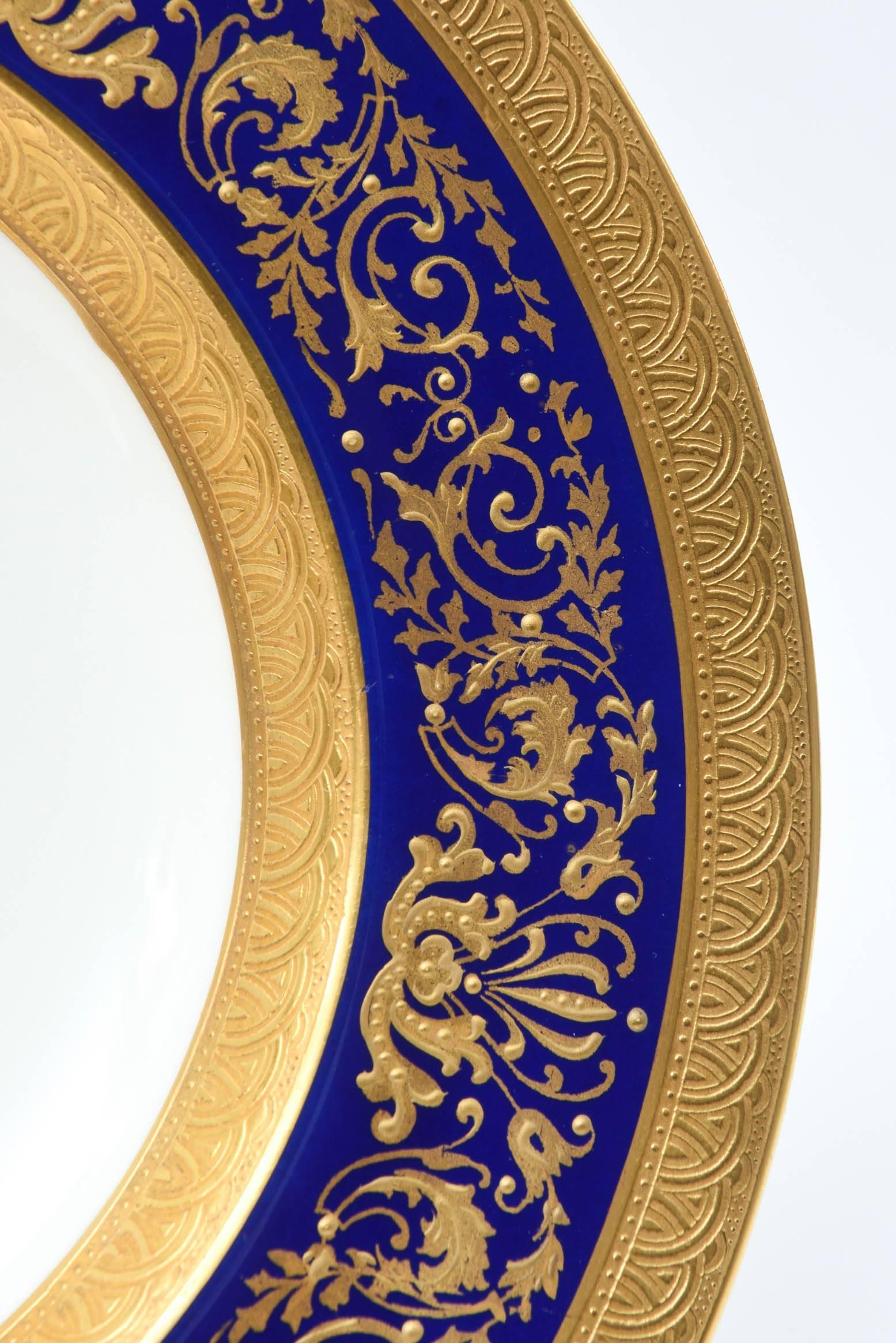 Early 20th Century 12 Tiffany Cobalt Blue and Heavy Gilt Encrusted Rimmed Soup Bowls, Antique