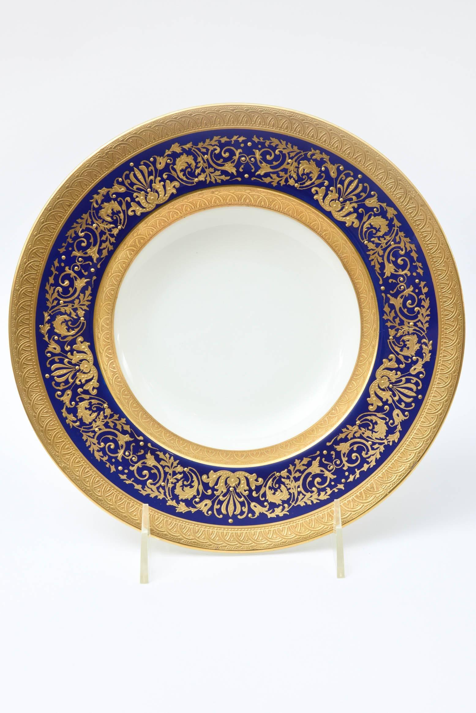 Gold 12 Tiffany Cobalt Blue and Heavy Gilt Encrusted Rimmed Soup Bowls, Antique
