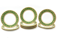 12 Antique French Rich Green and Heavily Gilded Dinner Plates, Oversized