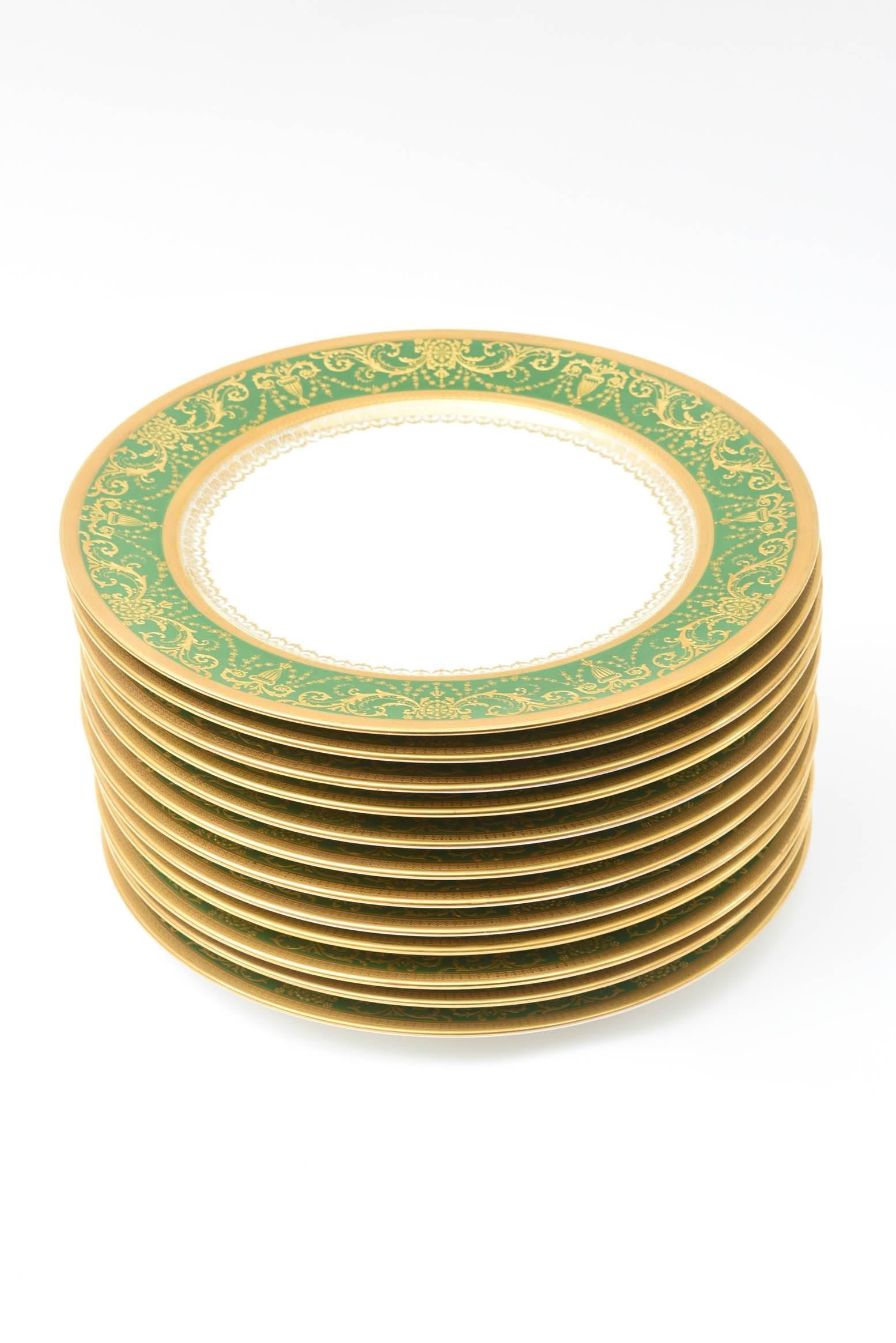 Hand-Crafted 12 Antique French Rich Green and Heavily Gilded Dinner Plates, Oversized