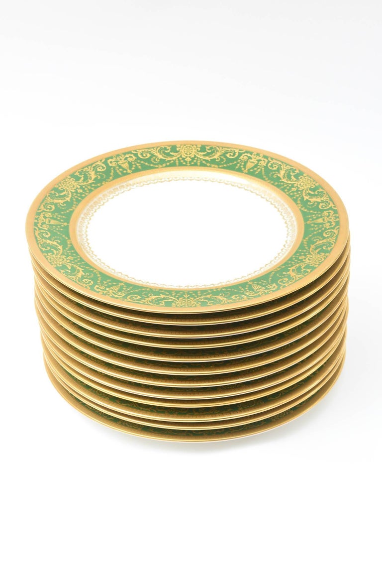 12 Antique French Rich Green and Heavily Gilded Dinner Plates
