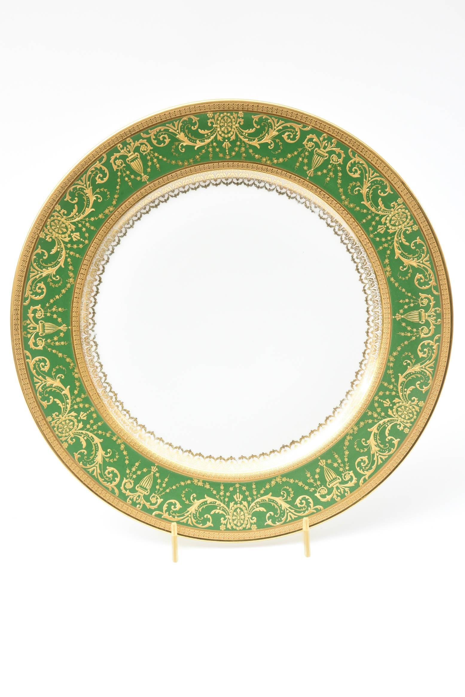 12 Antique French Rich Green and Heavily Gilded Dinner Plates, Oversized In Good Condition In West Palm Beach, FL