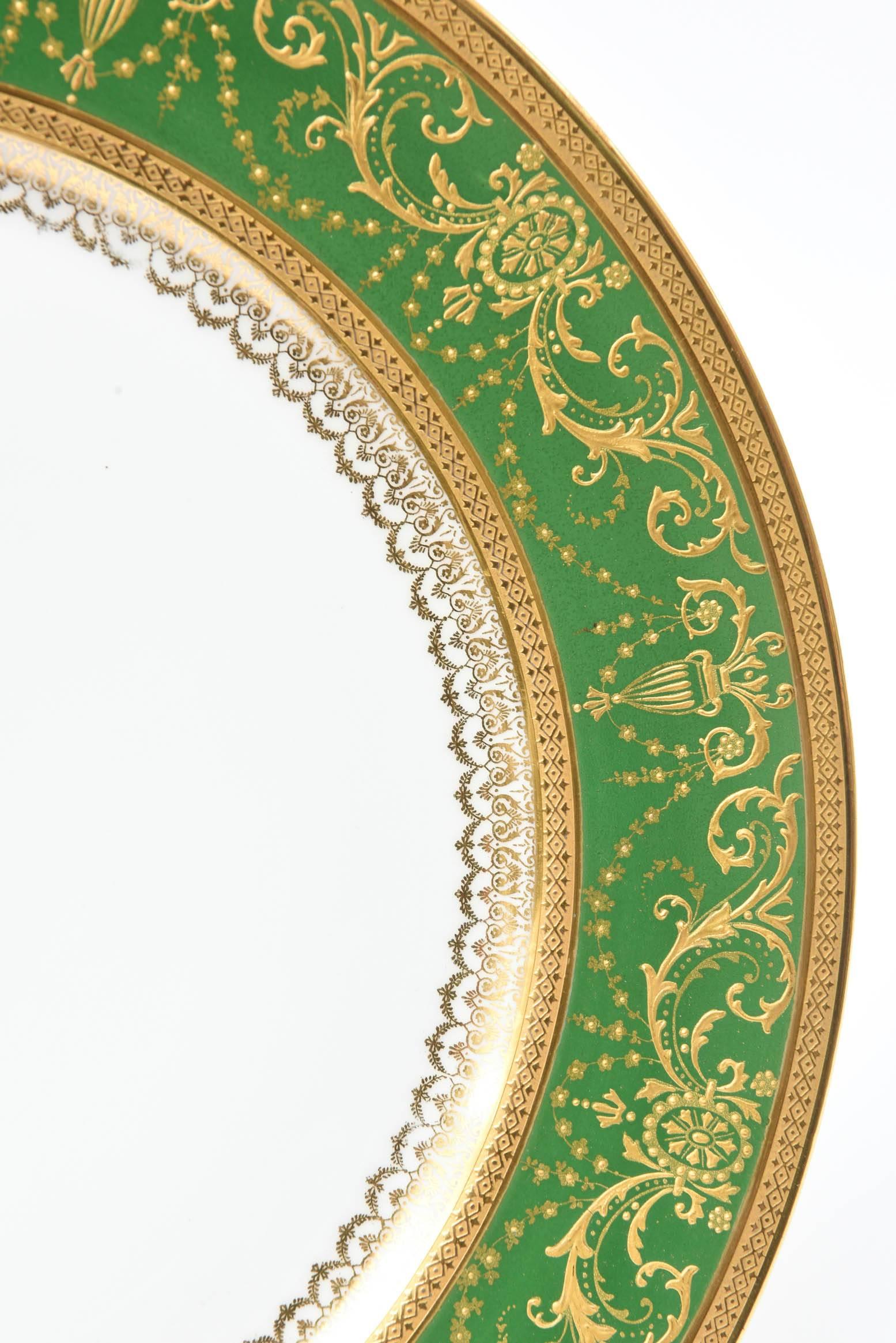 Early 20th Century 12 Antique French Rich Green and Heavily Gilded Dinner Plates, Oversized
