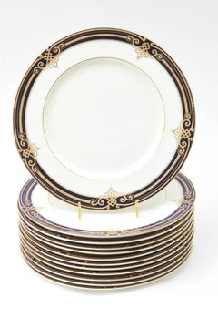 12 Elegant Cobalt Blue and Raised Tooled Gilt Dinner Plates, Antique English