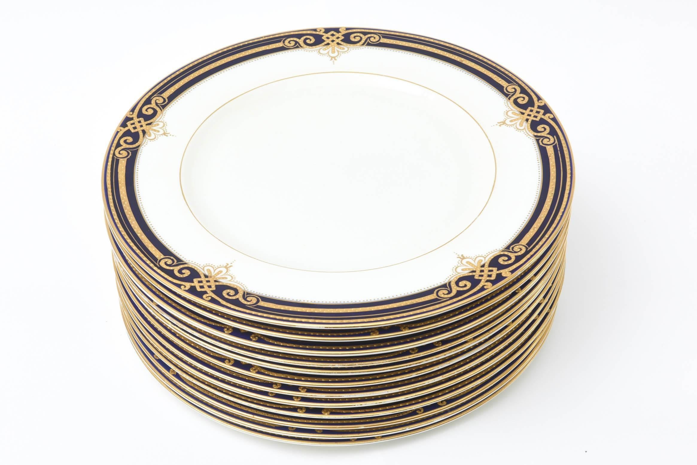 12 Elegant Cobalt Blue and Raised Tooled Gilt Dinner Plates, Antique English In Good Condition In West Palm Beach, FL