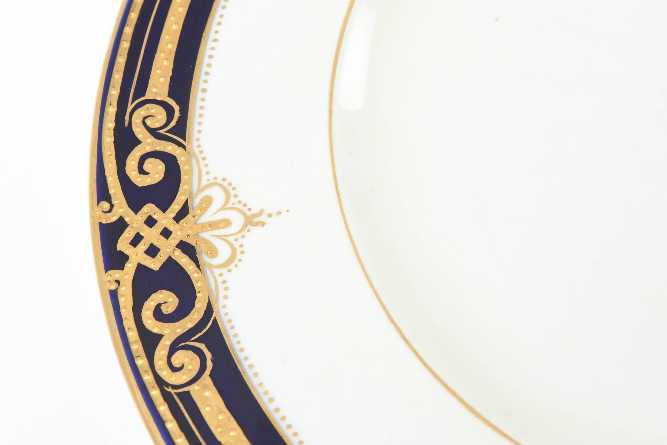 Early 20th Century 12 Elegant Cobalt Blue and Raised Tooled Gilt Dinner Plates, Antique English