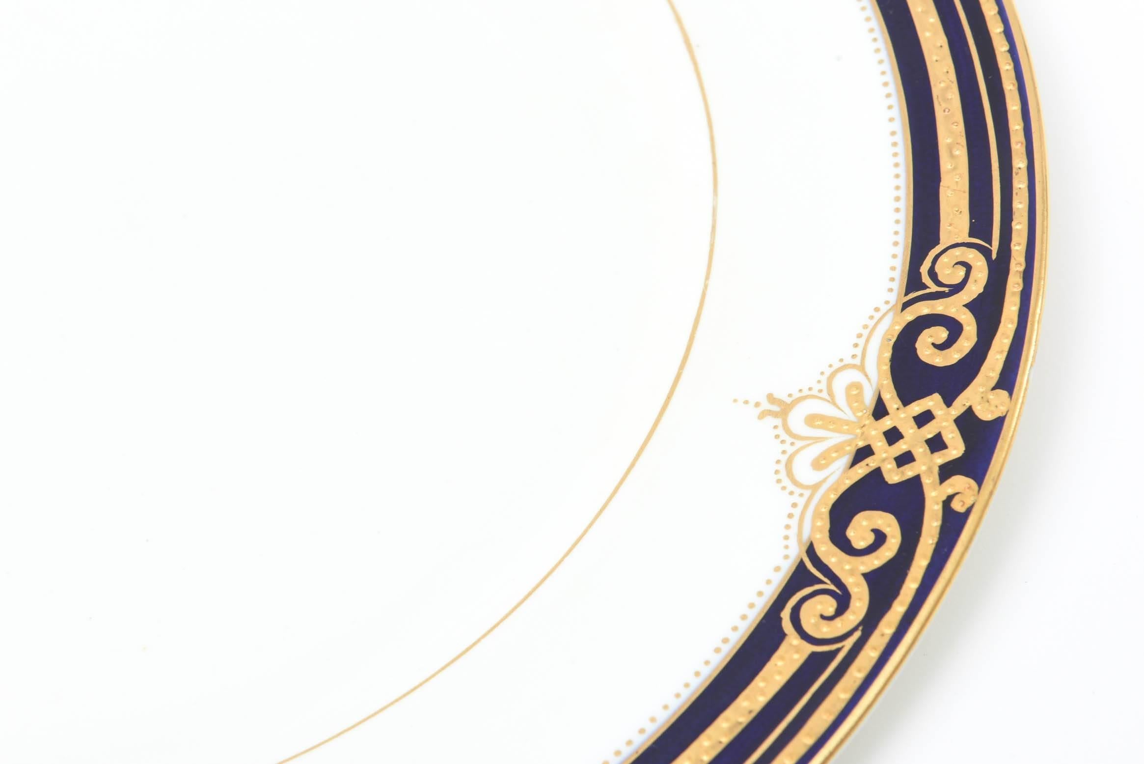 Gold 12 Elegant Cobalt Blue and Raised Tooled Gilt Dinner Plates, Antique English