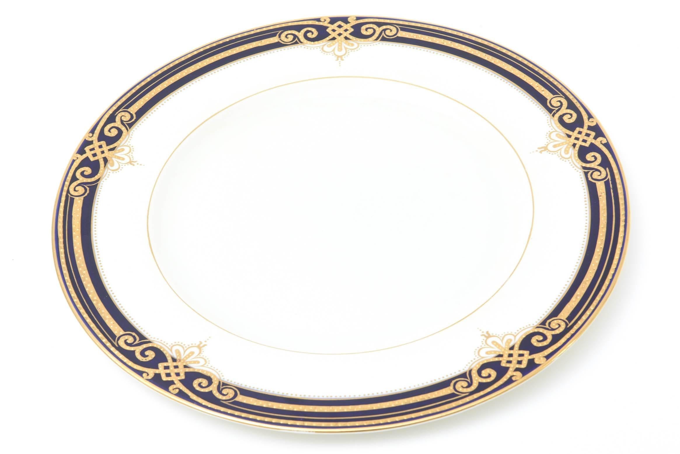12 Elegant Cobalt Blue and Raised Tooled Gilt Dinner Plates, Antique English 1