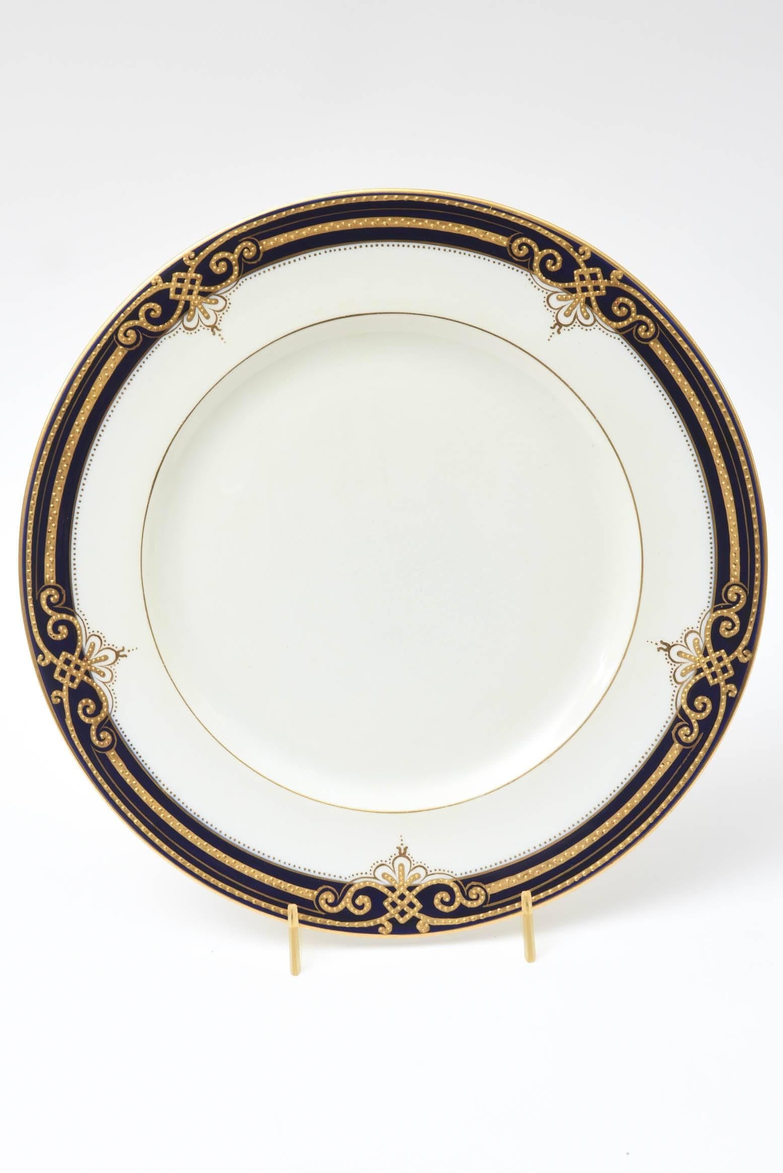 12 Elegant Cobalt Blue and Raised Tooled Gilt Dinner Plates, Antique English 4