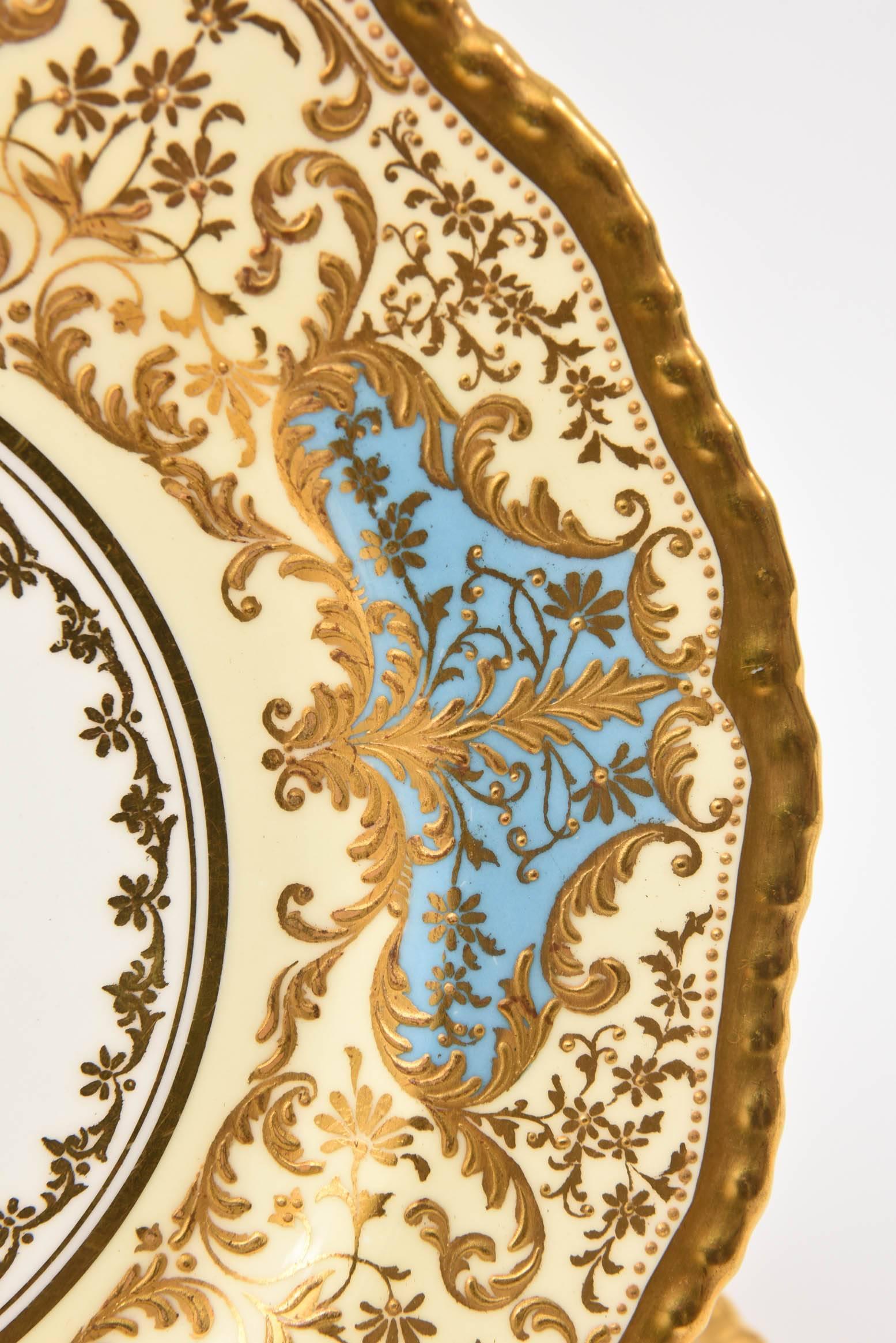 Belle Époque 12 Exquisite Turquoise Gilt Encrusted Dessert Plates, Antique English circa 1910