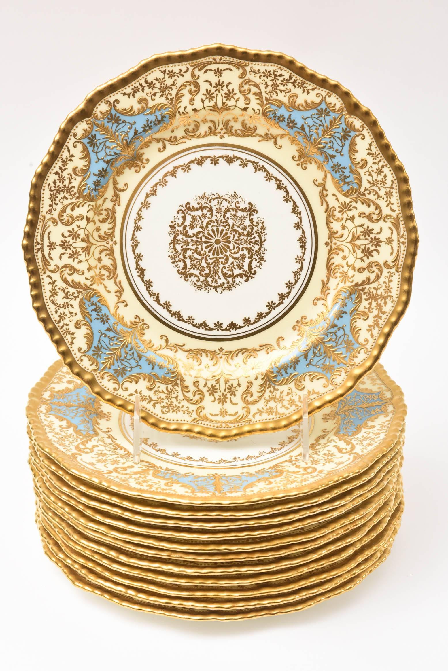 Hand-Crafted 12 Exquisite Turquoise Gilt Encrusted Dessert Plates, Antique English circa 1910