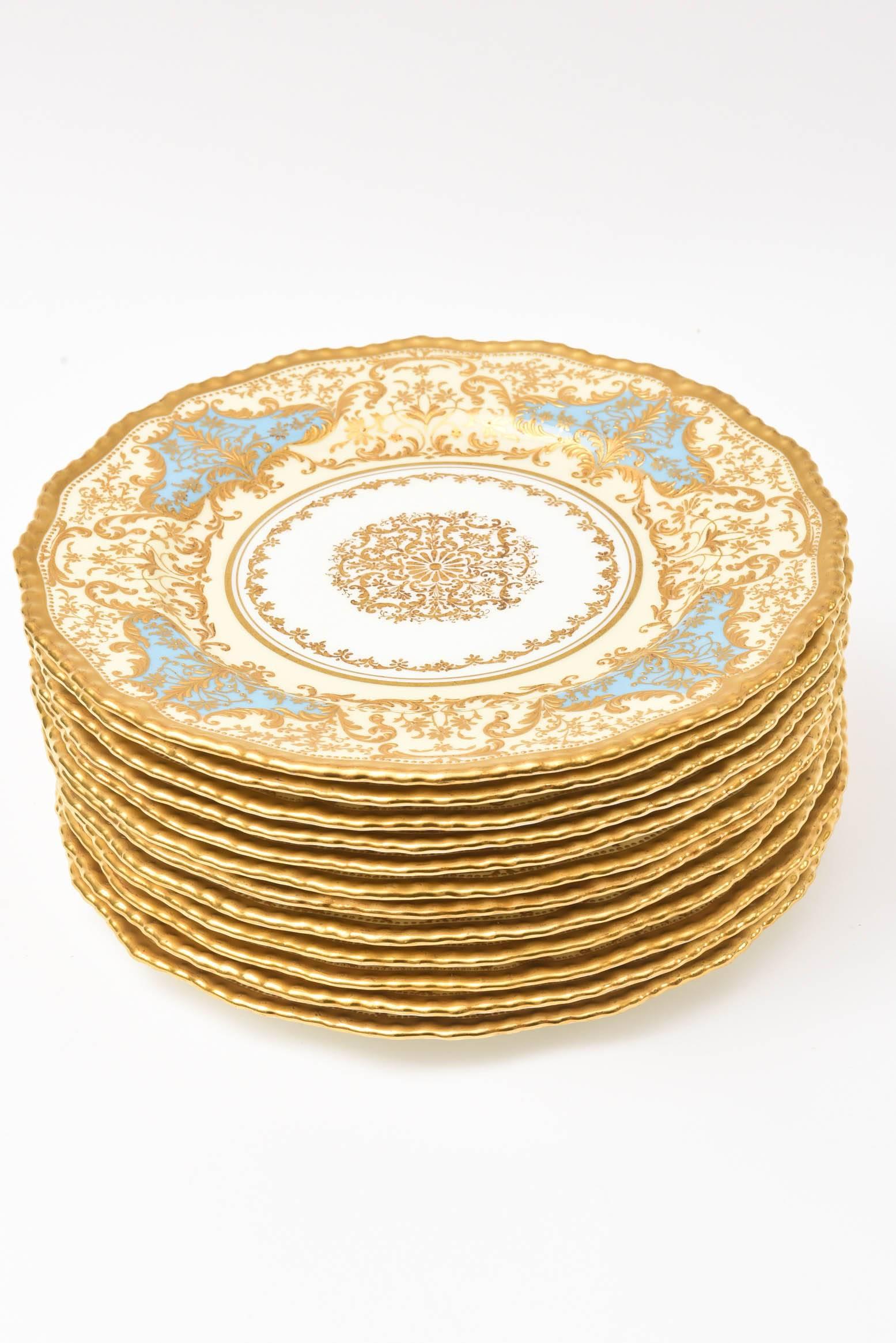 12 Exquisite Turquoise Gilt Encrusted Dessert Plates, Antique English circa 1910 In Good Condition In West Palm Beach, FL