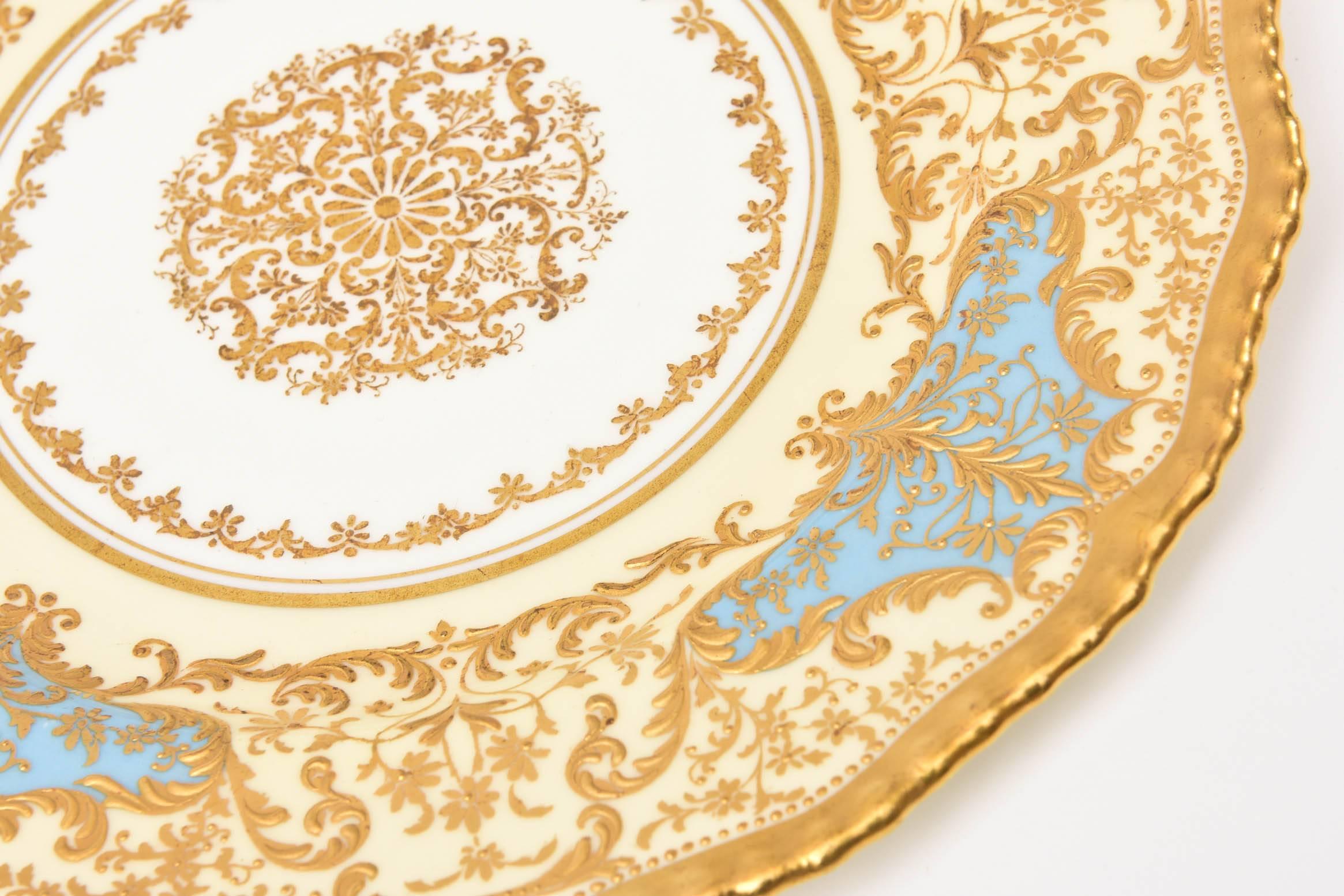 Early 20th Century 12 Exquisite Turquoise Gilt Encrusted Dessert Plates, Antique English circa 1910