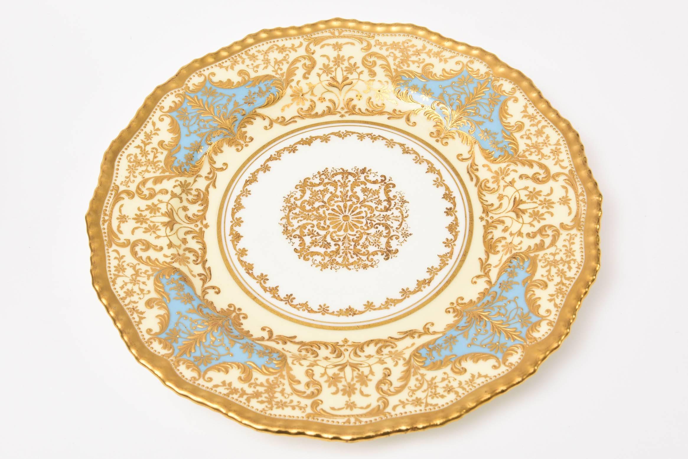 Gold 12 Exquisite Turquoise Gilt Encrusted Dessert Plates, Antique English circa 1910