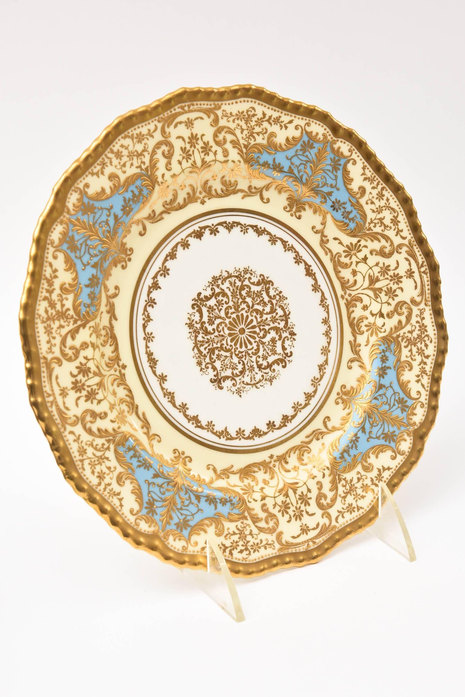 12 Exquisite Turquoise Gilt Encrusted Dessert Plates, Antique English circa 1910 2