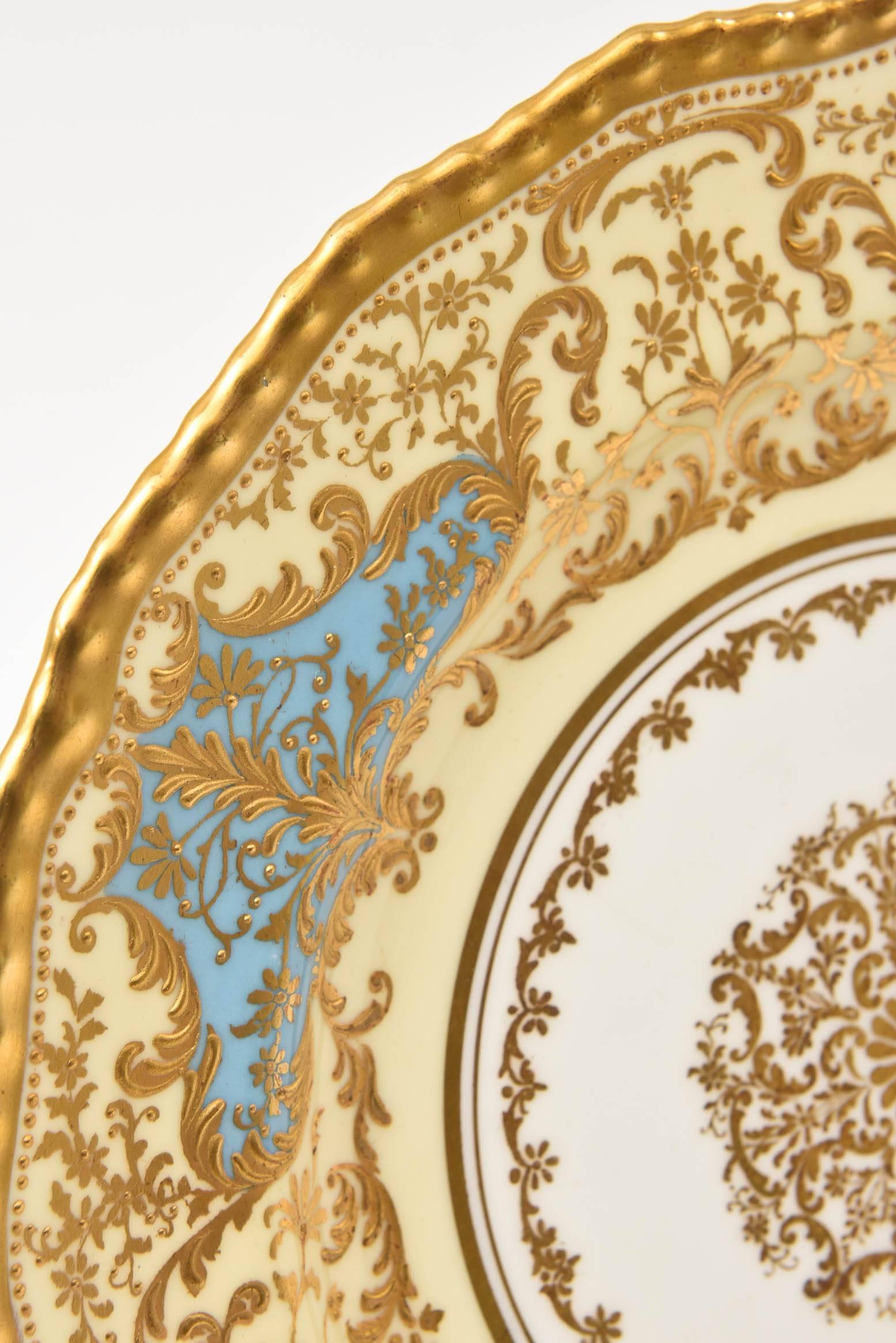 12 Exquisite Turquoise Gilt Encrusted Dessert Plates, Antique English circa 1910 3