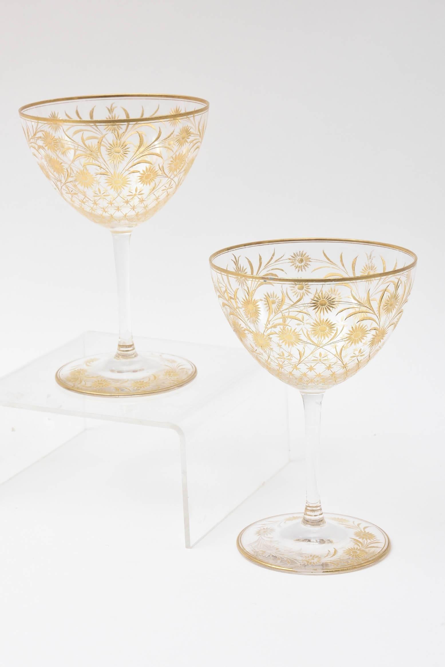 Czech 6 Exquisite and Elaborately Cut and Gilded Antique Wine Glasses
