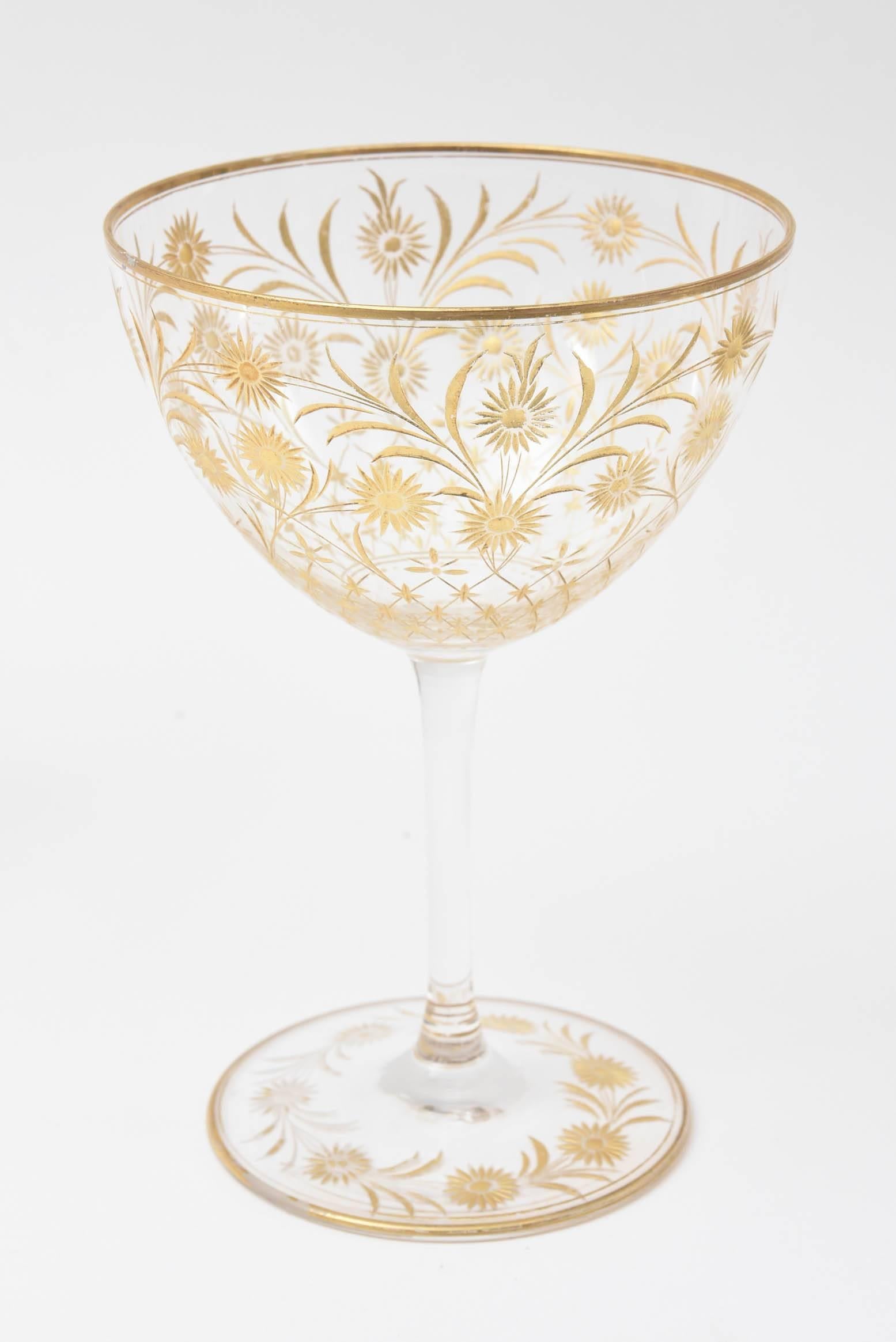 Hand-Crafted 6 Exquisite and Elaborately Cut and Gilded Antique Wine Glasses