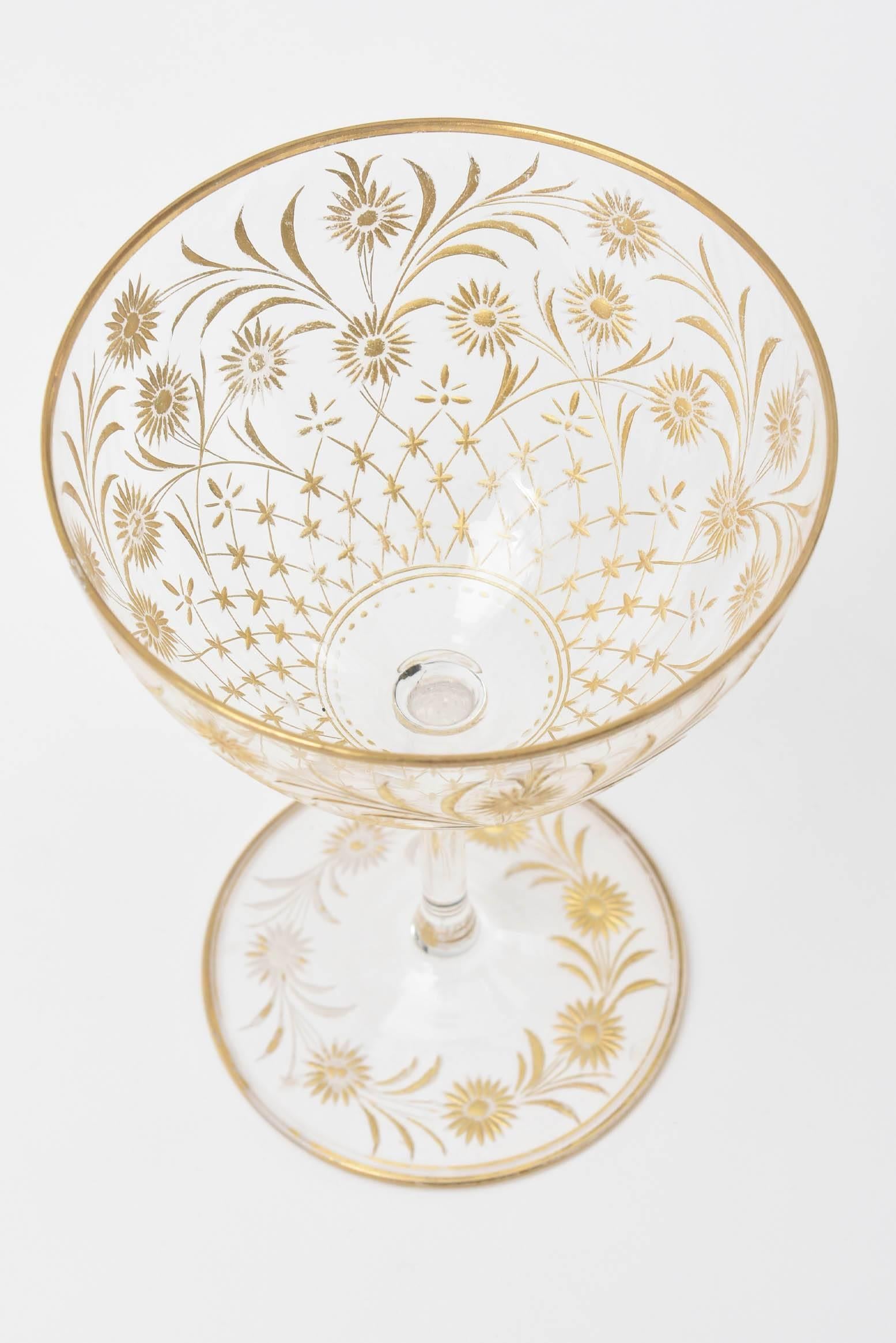6 Exquisite and Elaborately Cut and Gilded Antique Wine Glasses In Good Condition In West Palm Beach, FL
