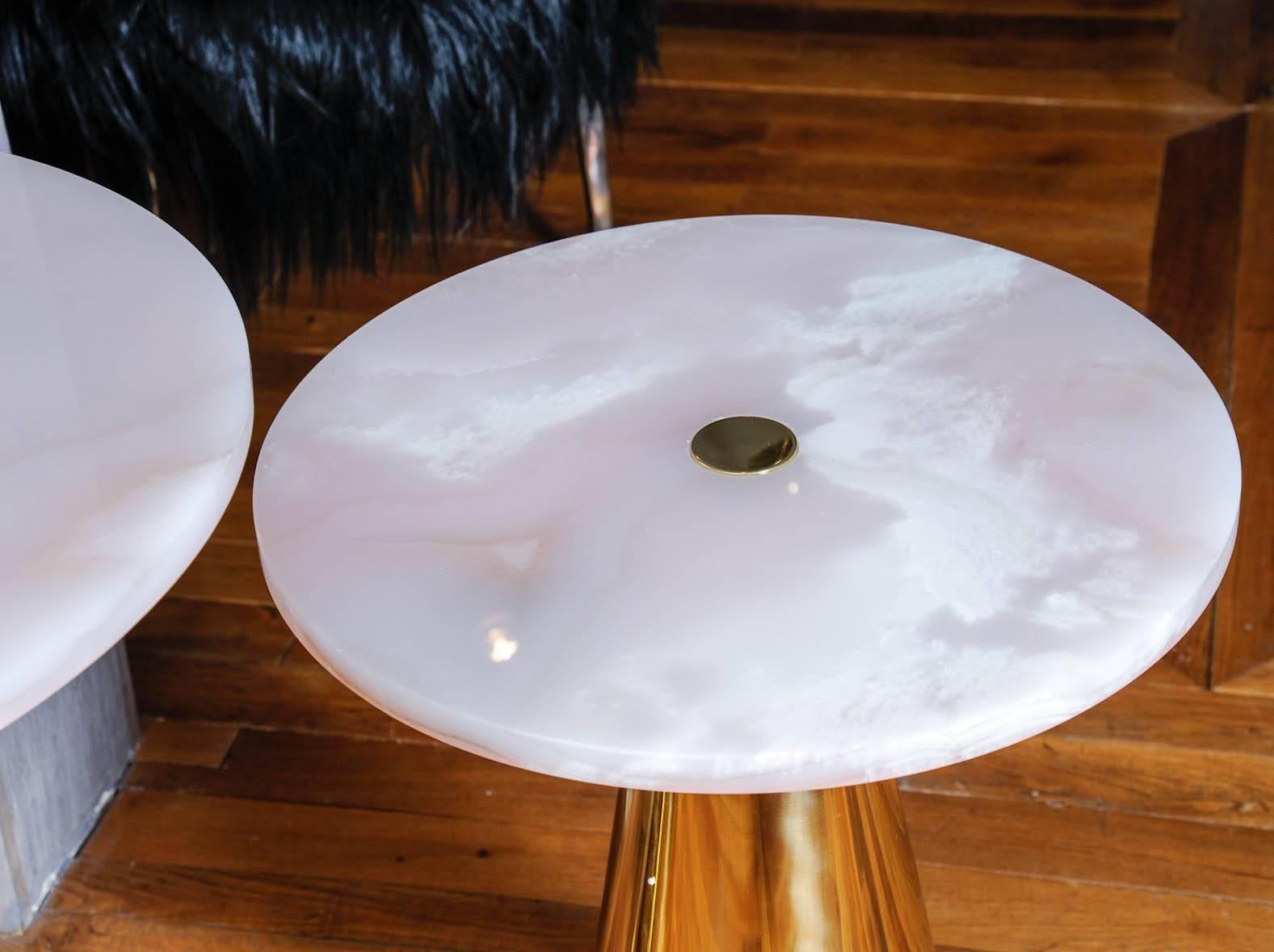 French Pair of Pink Onyx and Brass Pedestals For Sale