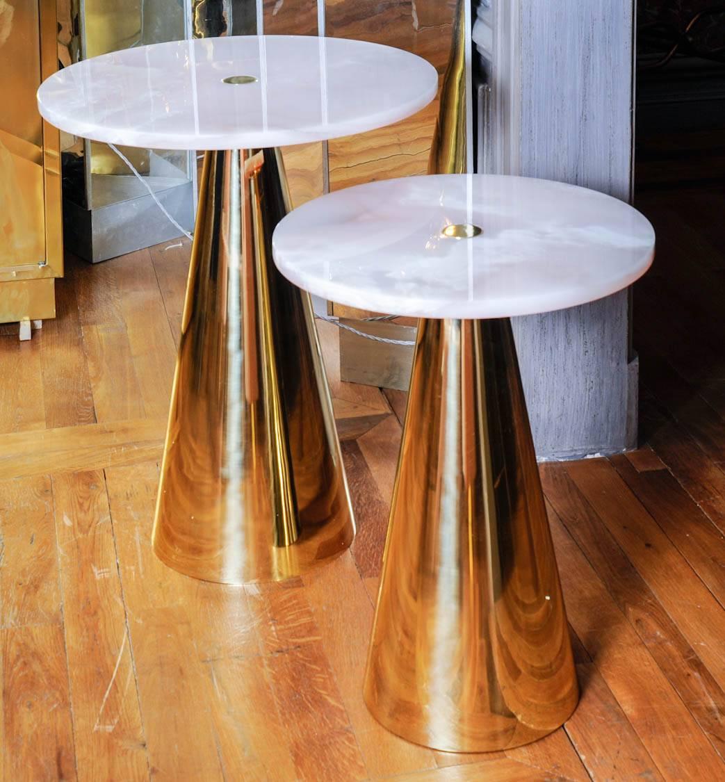 Contemporary Pair of Pink Onyx and Brass Pedestals For Sale