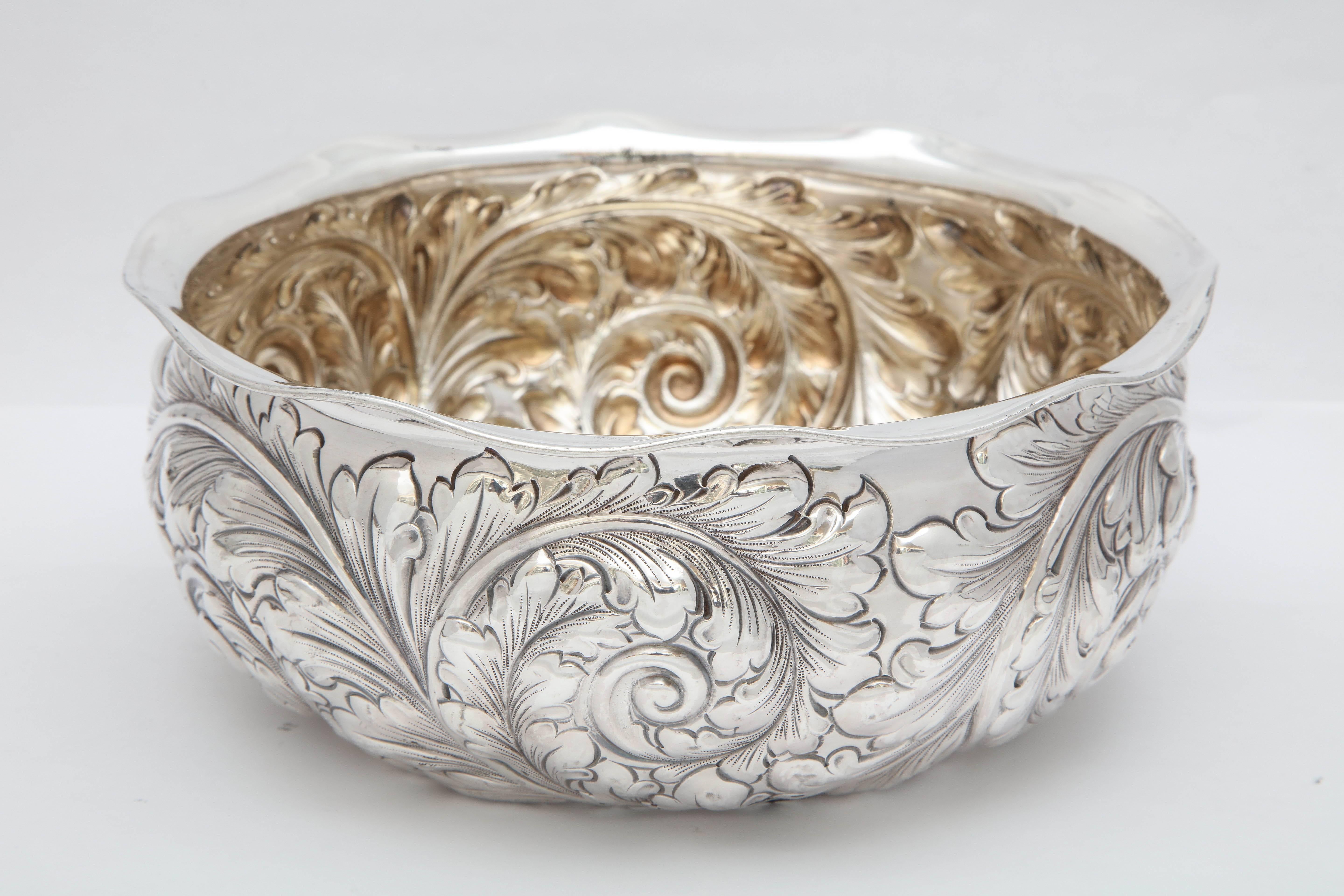 Art Nouveau, sterling silver centrepiece bowl, Gorham Mfg. Co., Providence, Rhode Island, year marked for 1890. Measures: approximately 3 1/2 inches high x 8 1/4 inches diameter. Weighs: approximately 13.565 troy ounces. Gilded interior. Rippled