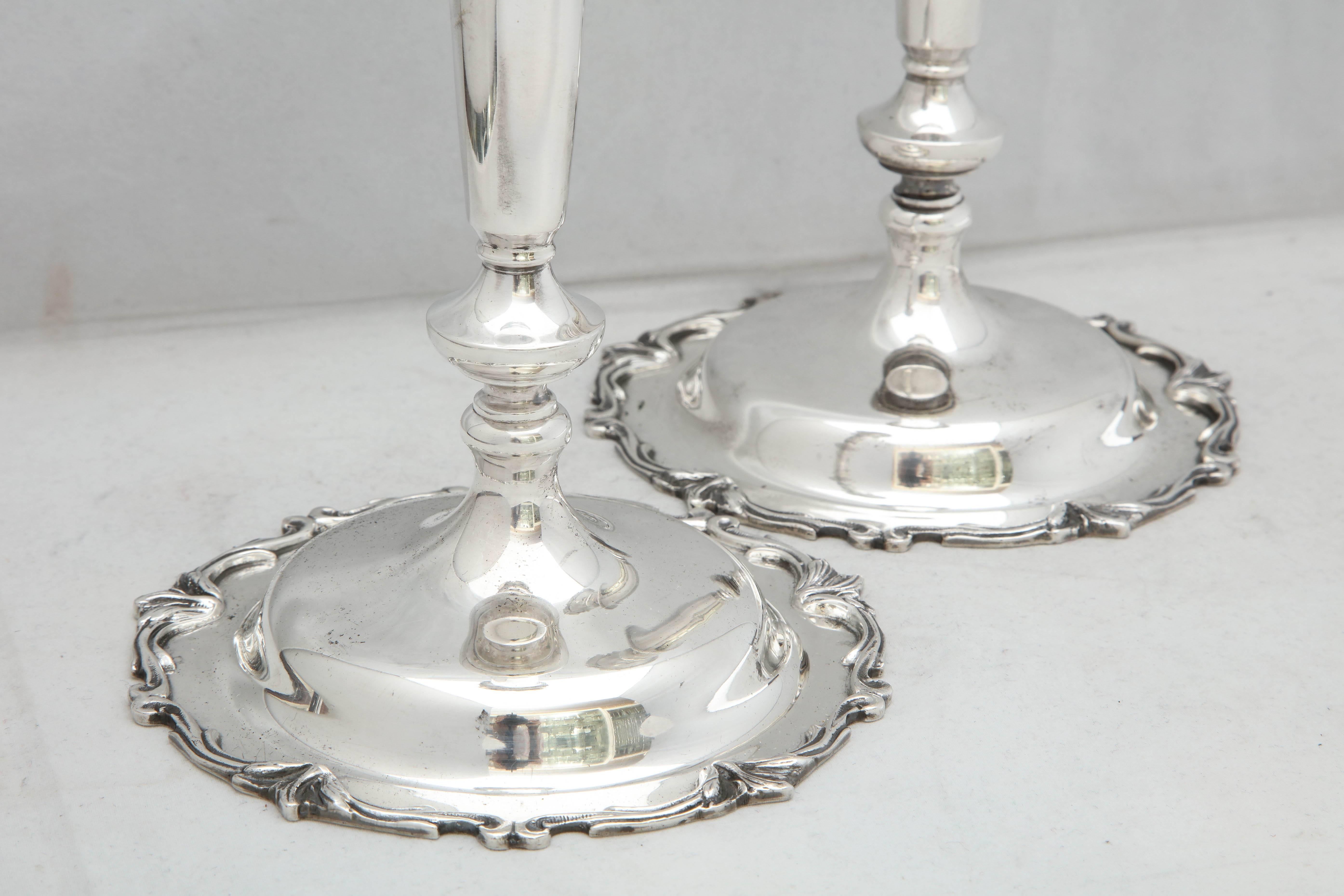Pair of Tall Edwardian Style Sterling Silver Candlesticks In Excellent Condition In New York, NY