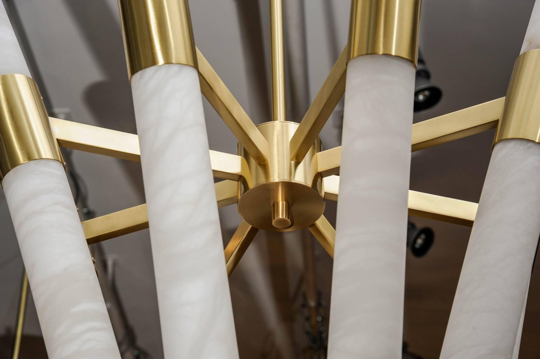 Contemporary Glustin Luminaires Creation Satin Brass and Tilted Alabaster Rods Chandelier For Sale