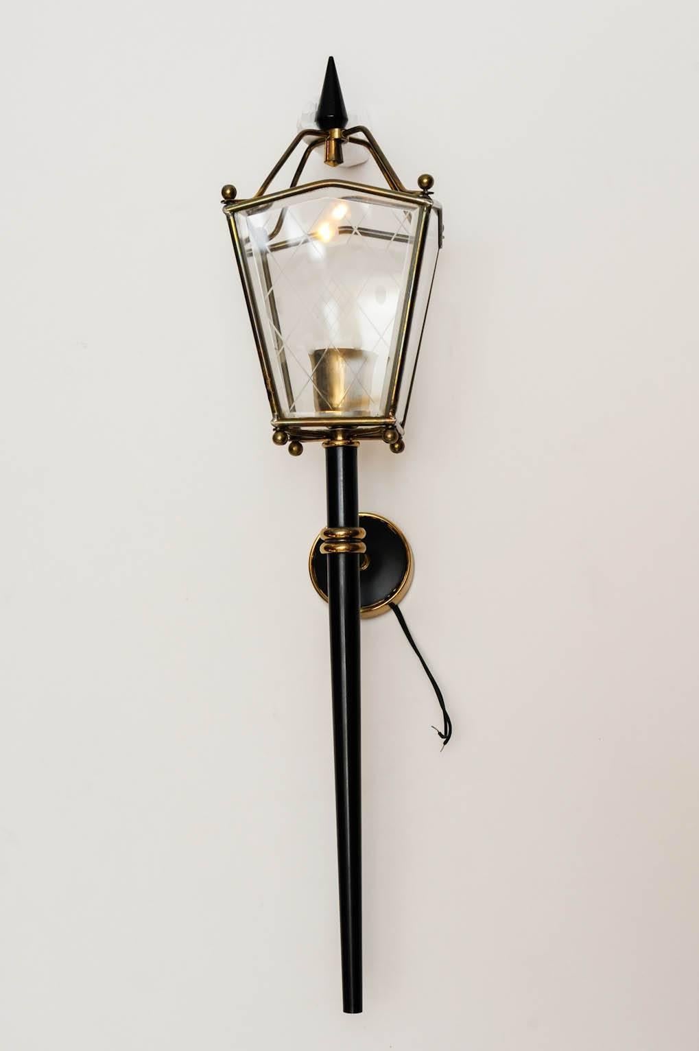 Mid-Century Modern Pair of Black Metal, Brass and Glass Lantern Wall Sconces