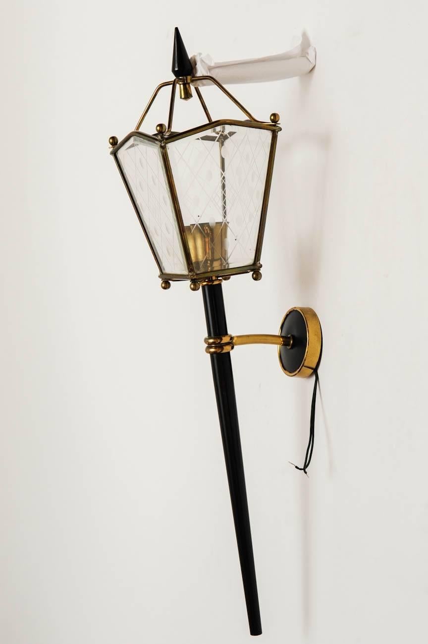 Italian Pair of Black Metal, Brass and Glass Lantern Wall Sconces