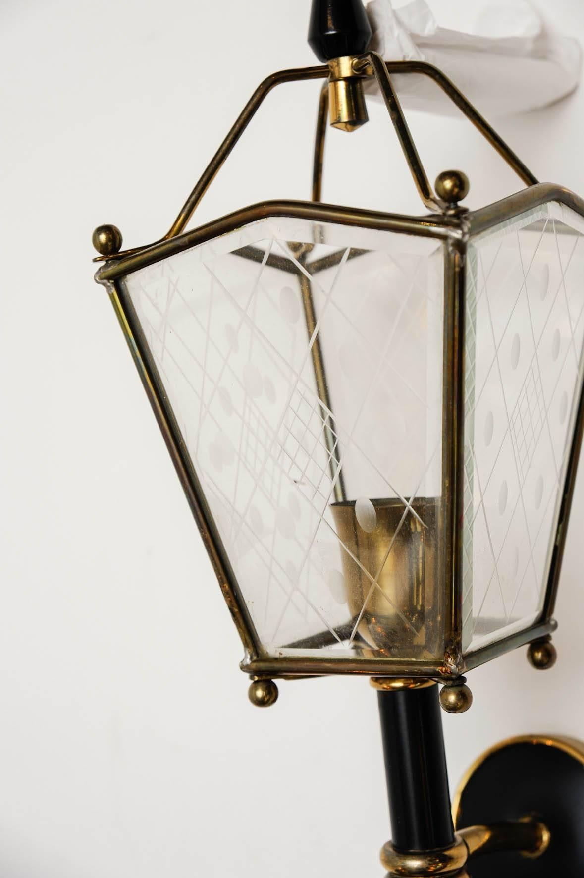 Mid-20th Century Pair of Black Metal, Brass and Glass Lantern Wall Sconces