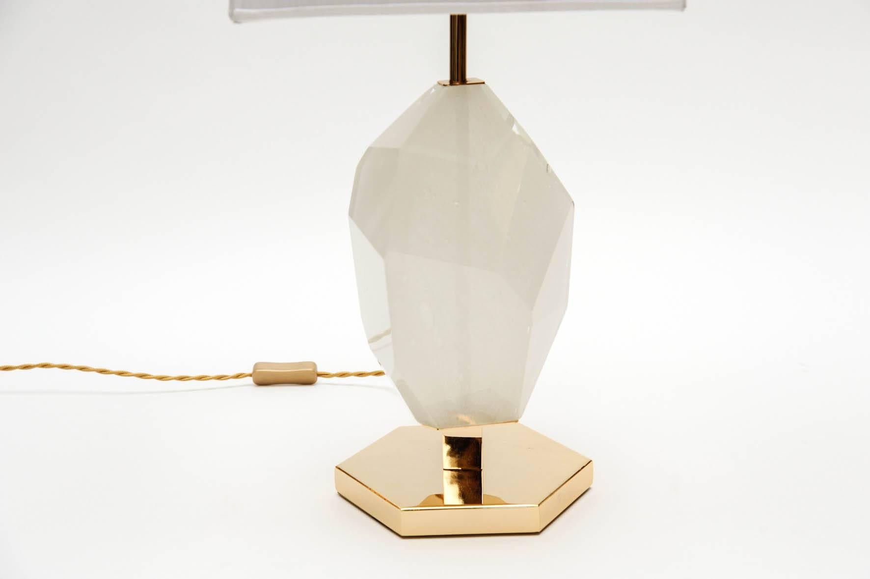 Modern Pair of Brass and Diamond Cut Resin Table Lamps