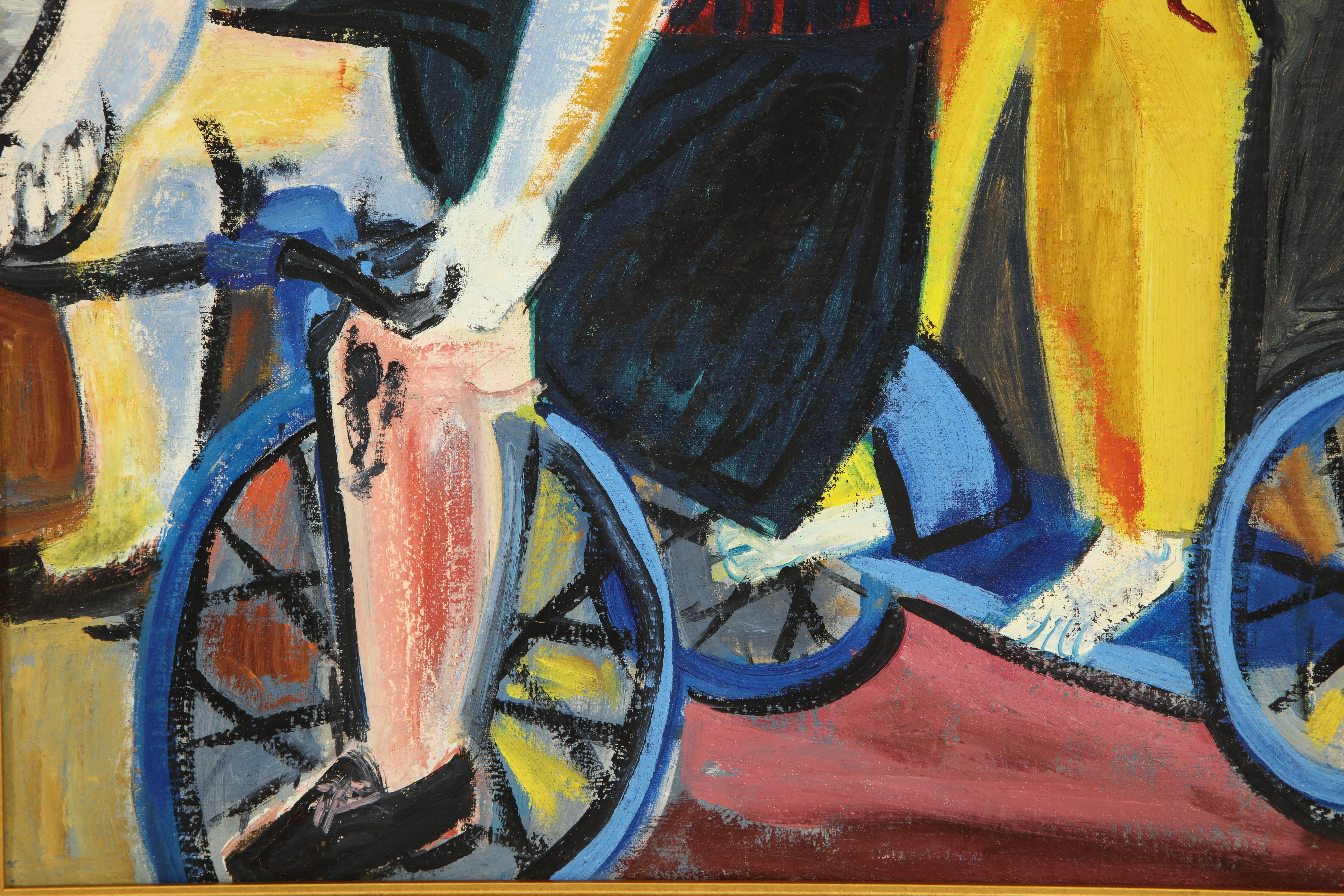 Peint à la main Peinture des années 1940, couleur rouge, bleu et jaune, art du milieu du siècle, cadre neuf en vente
