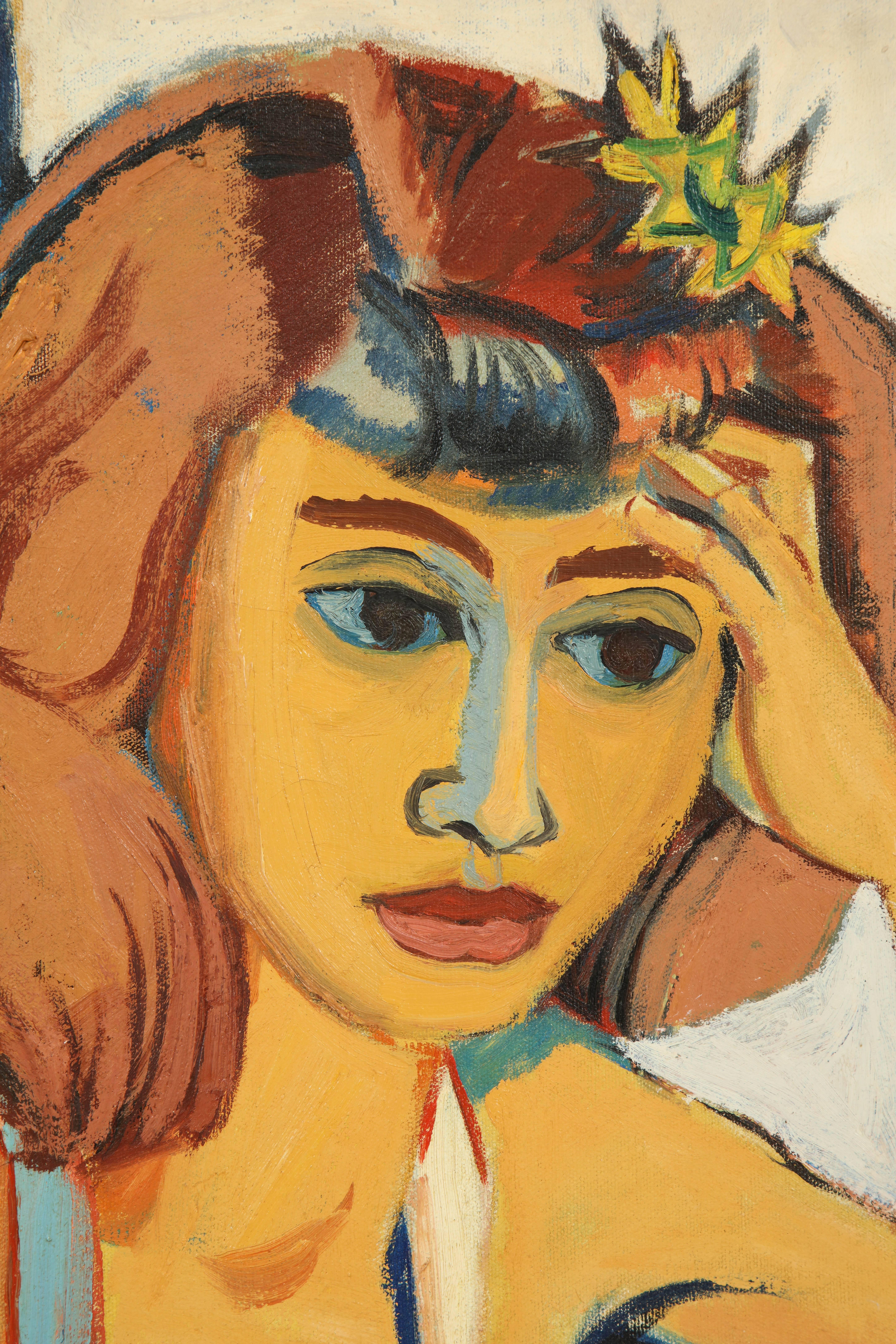 Modern Painting from the 1940s, Golden, Mid-Century Art, Blue, Chocolate & White Colors For Sale