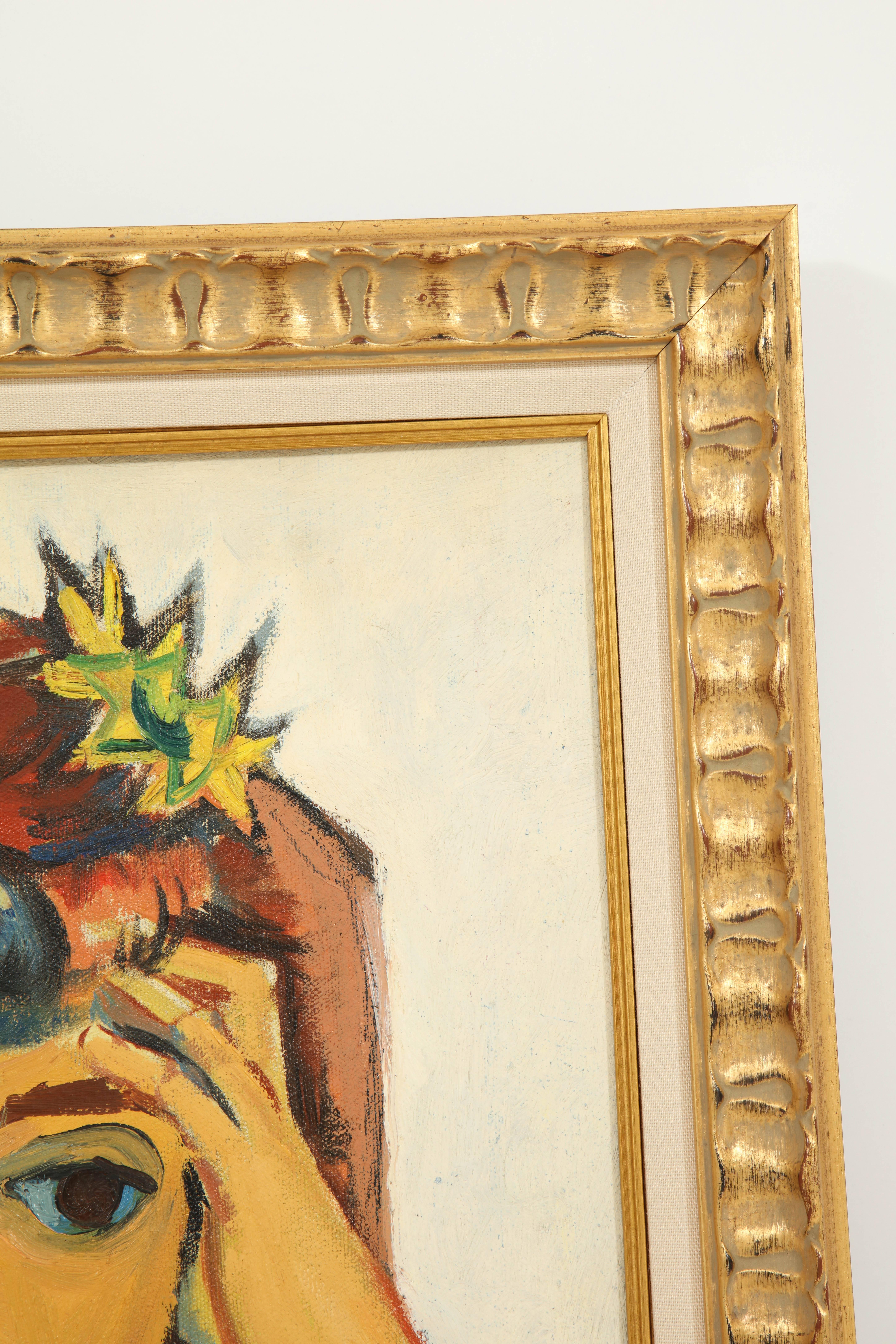 American Painting from the 1940s, Golden, Mid-Century Art, Blue, Chocolate & White Colors For Sale