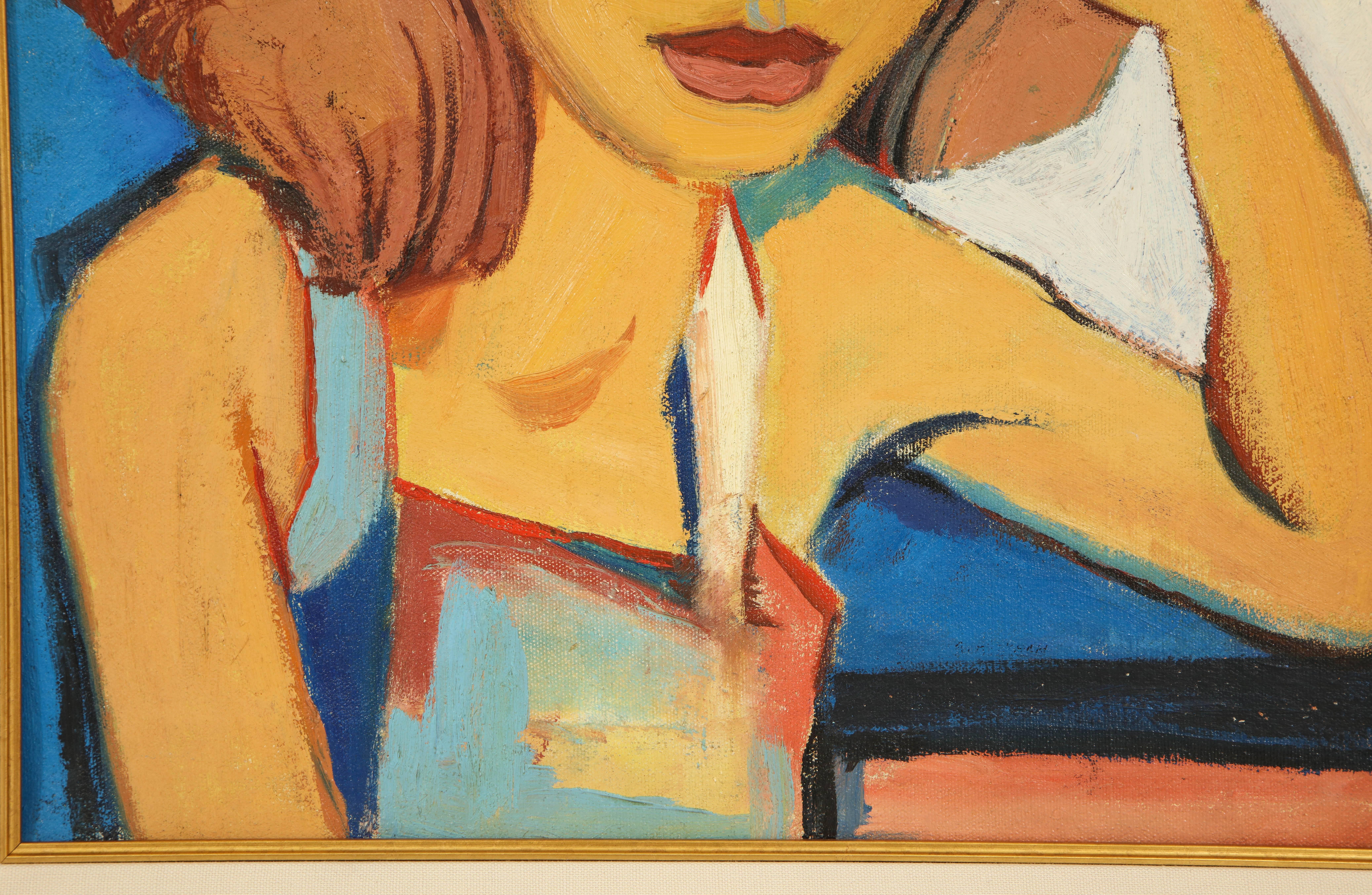 Painting from the 1940s, Mid-Century Art, Golden, Blue, Chocolate & White Colors In Good Condition For Sale In New York, NY