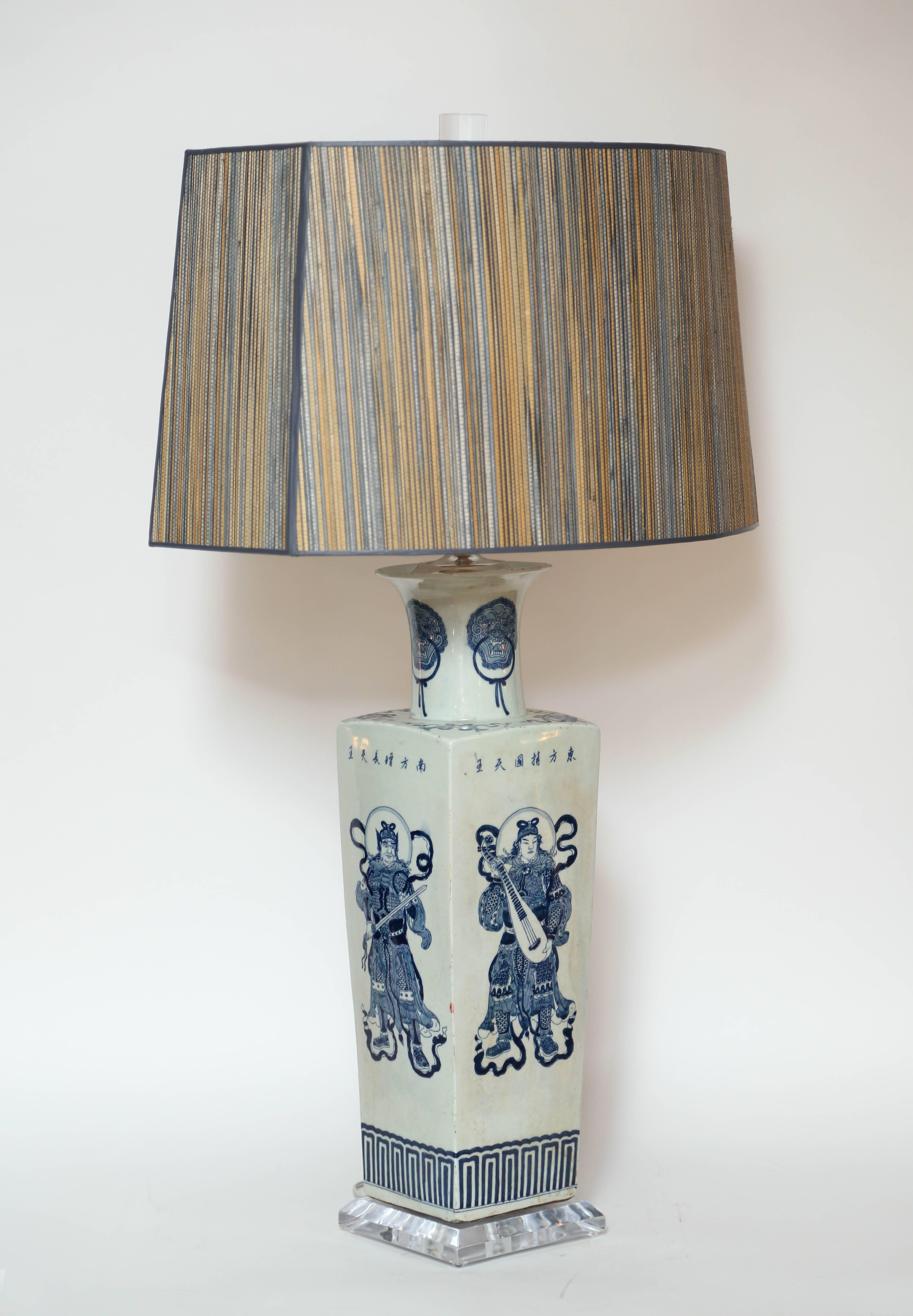 Warriors table lamps with shades
original blue and white table lamps of Chinese warriors on a Lucide base,
Finished in the finest polished nickel hardware. Complimented with custom 19