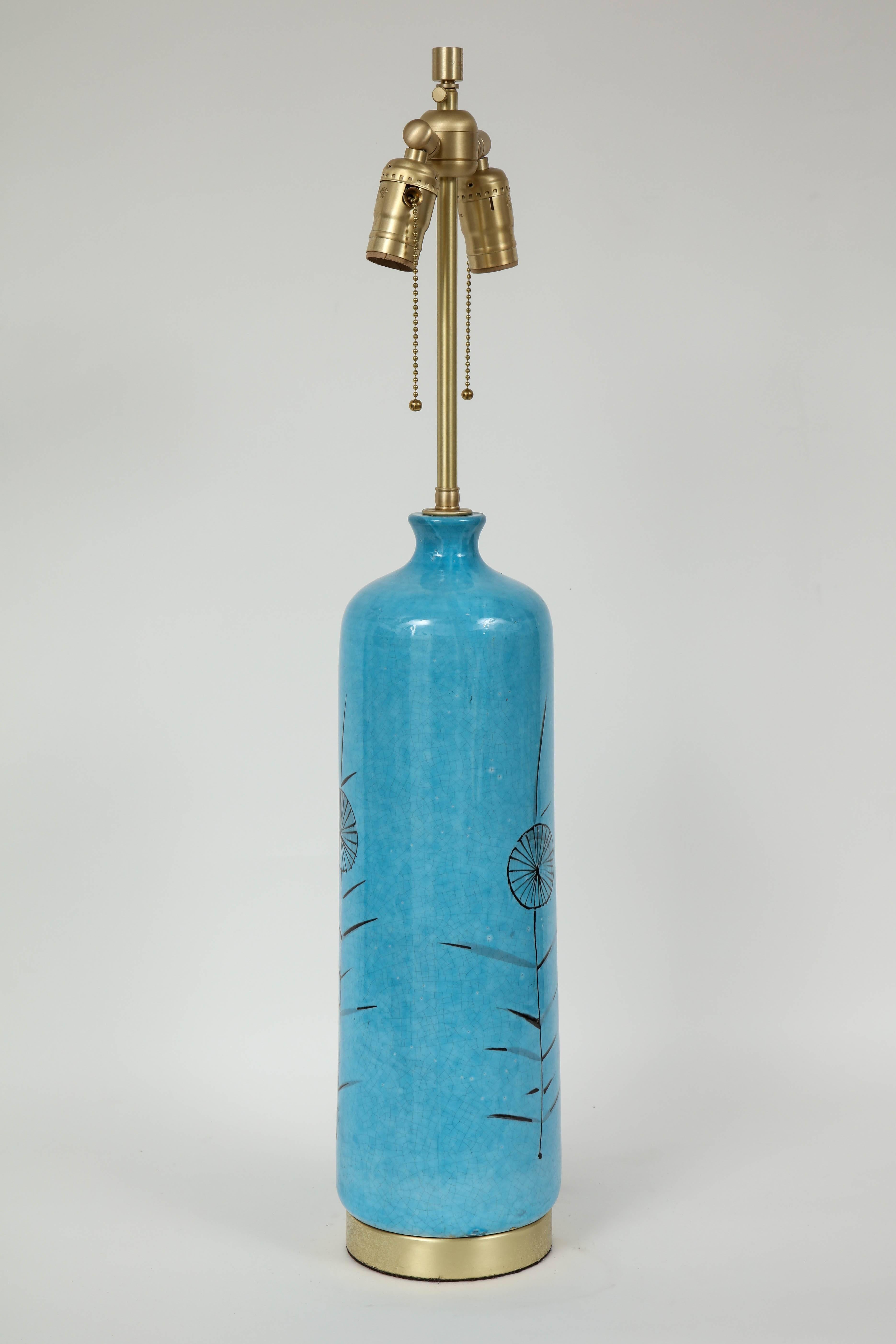 Brass Bitossi Cerulean Blue Glazed Ceramic Lamps For Sale