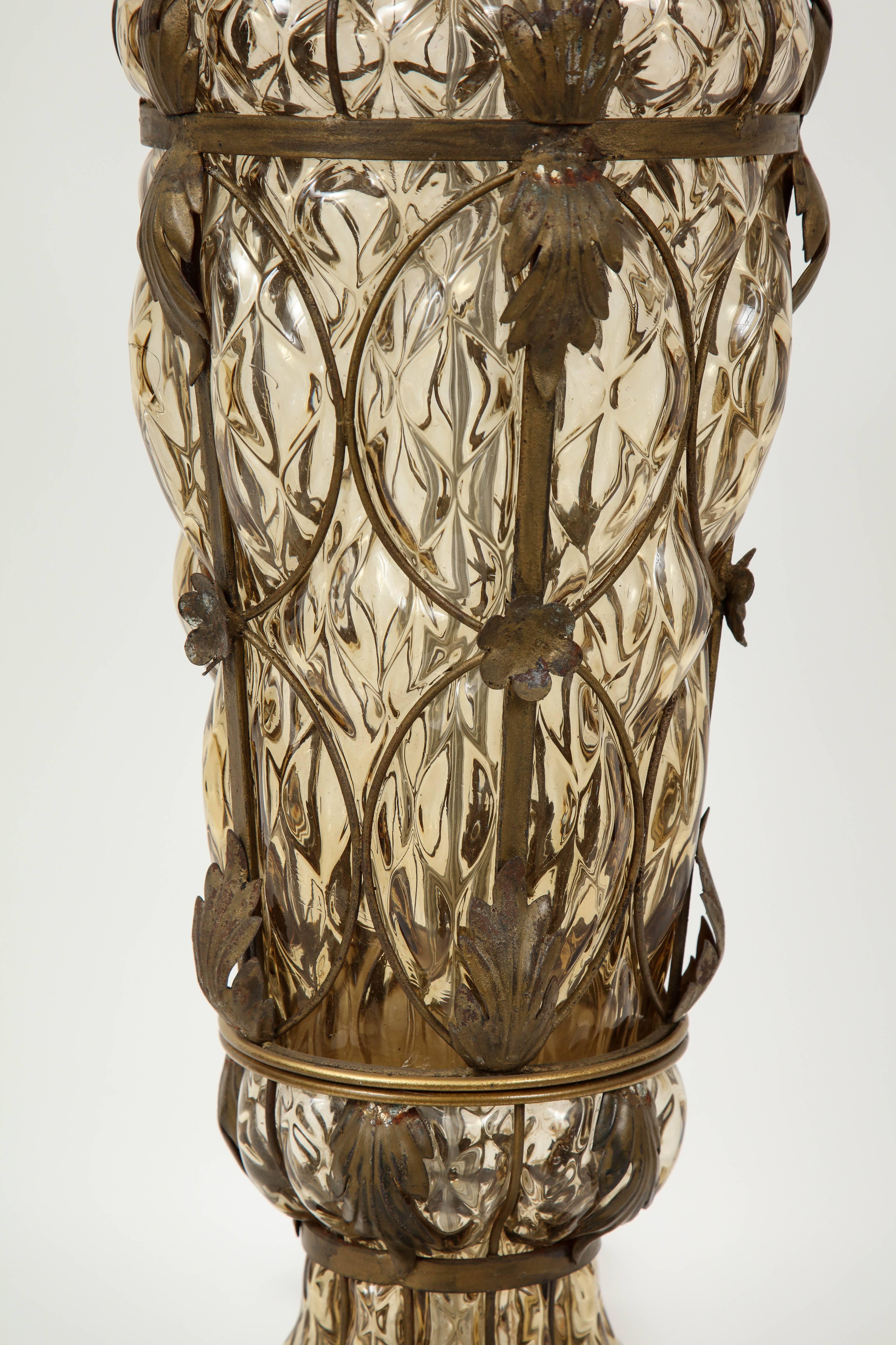 Italian Marbro Caged Murano Glass Lamps