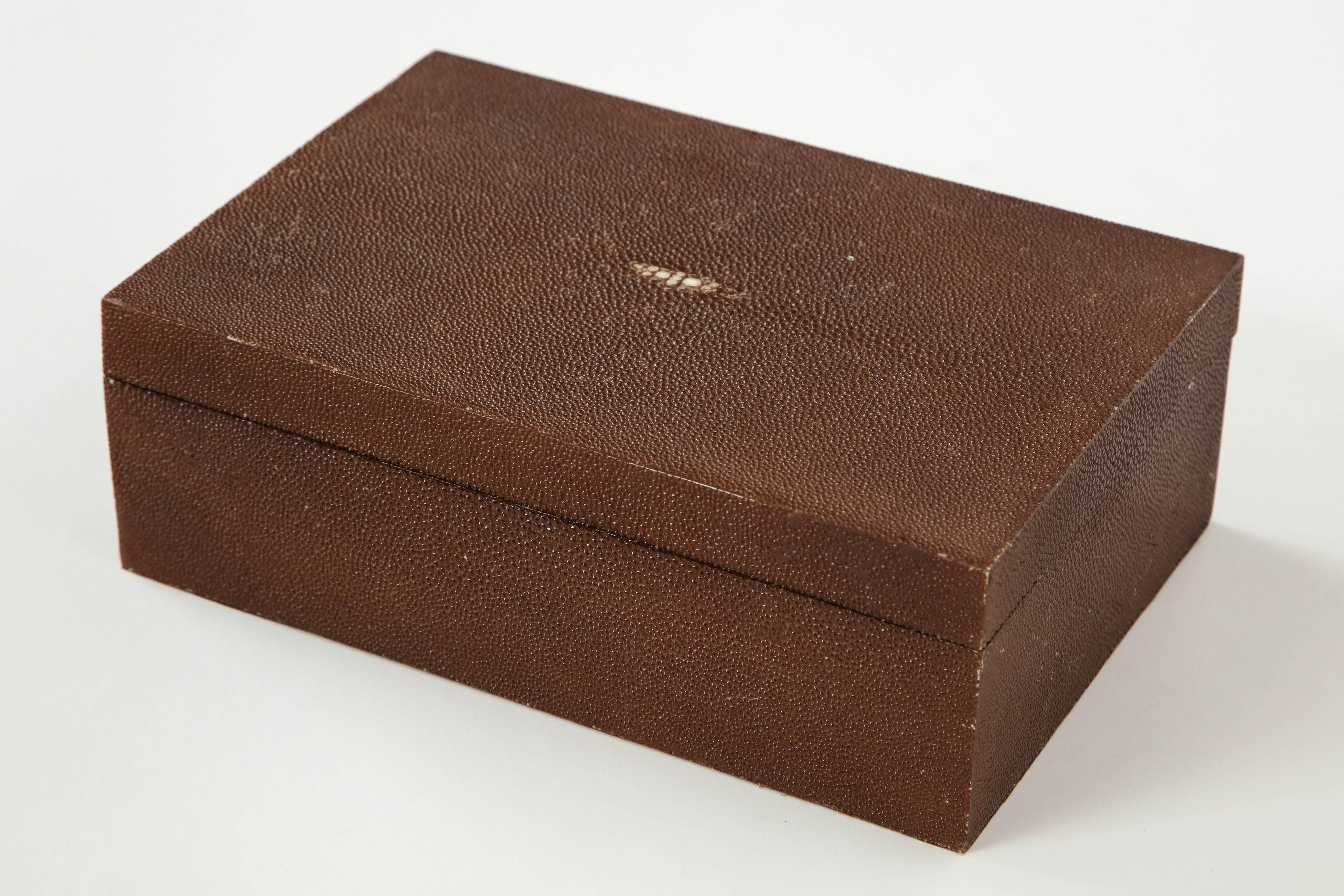 Genuine shagreen keepsake box in cocoa brown, minor wear to top.