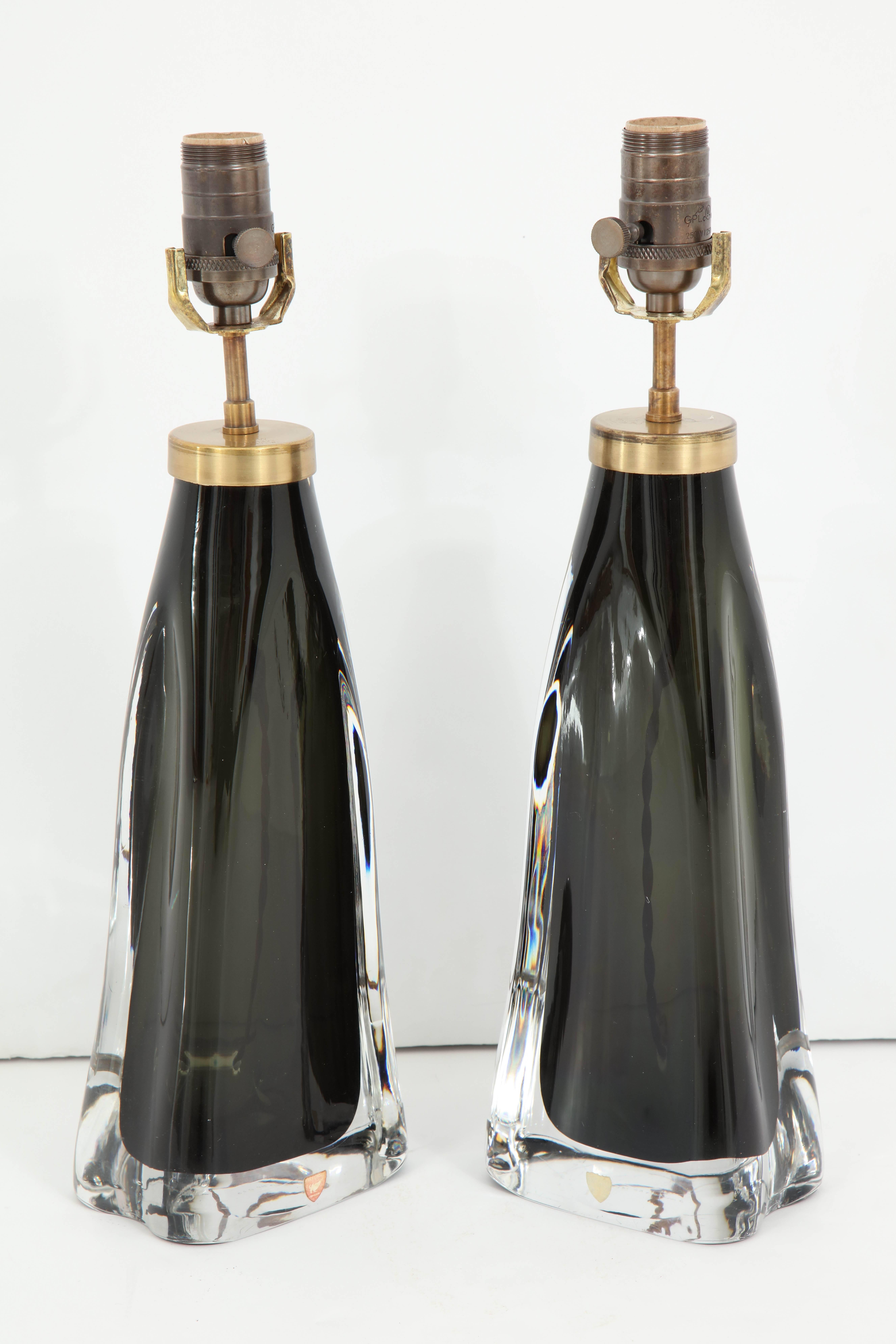 Pair of Black Orrefors Crystal Lamps For Sale 1