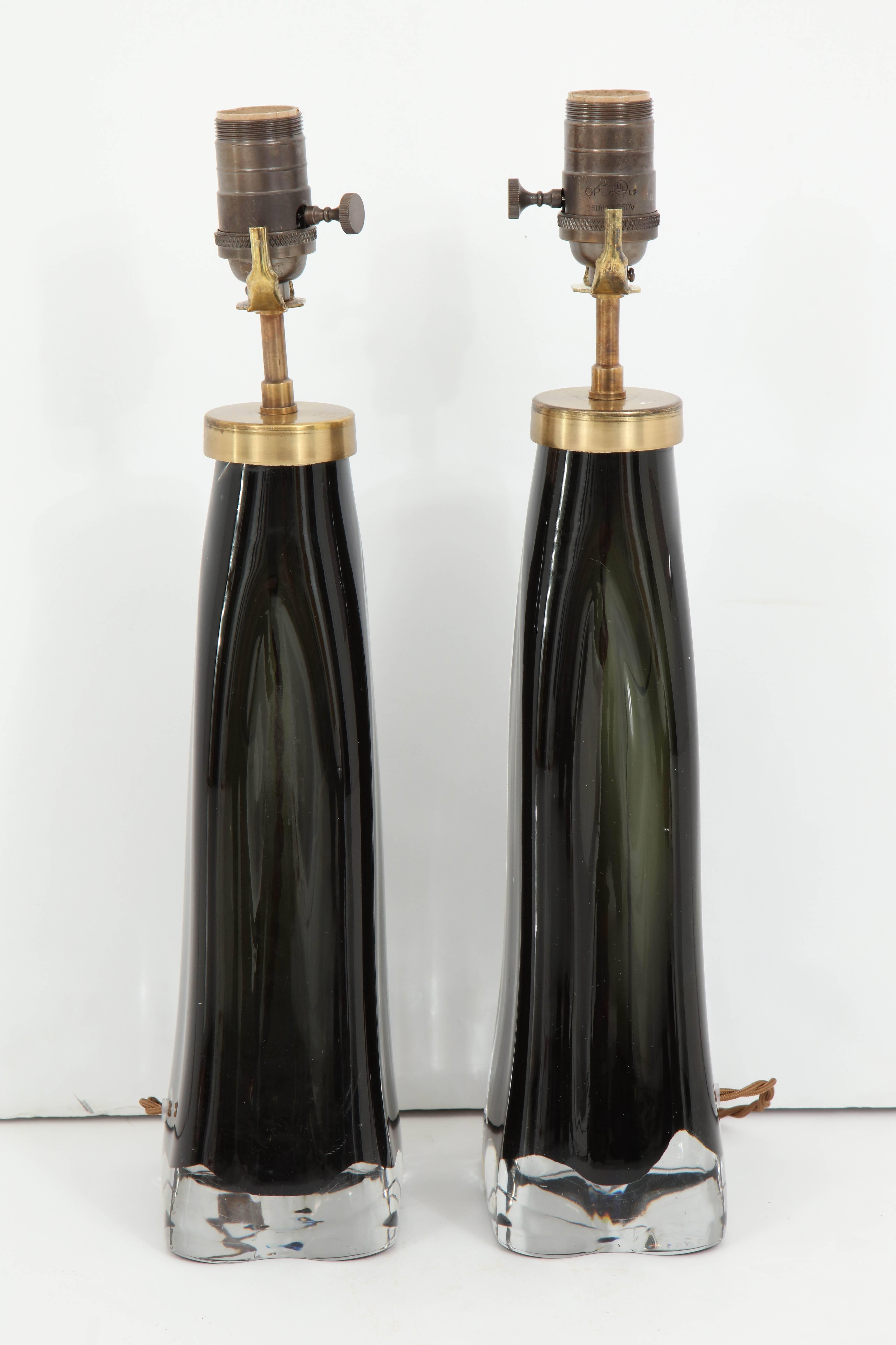 Pair of Black Orrefors Crystal Lamps For Sale 2