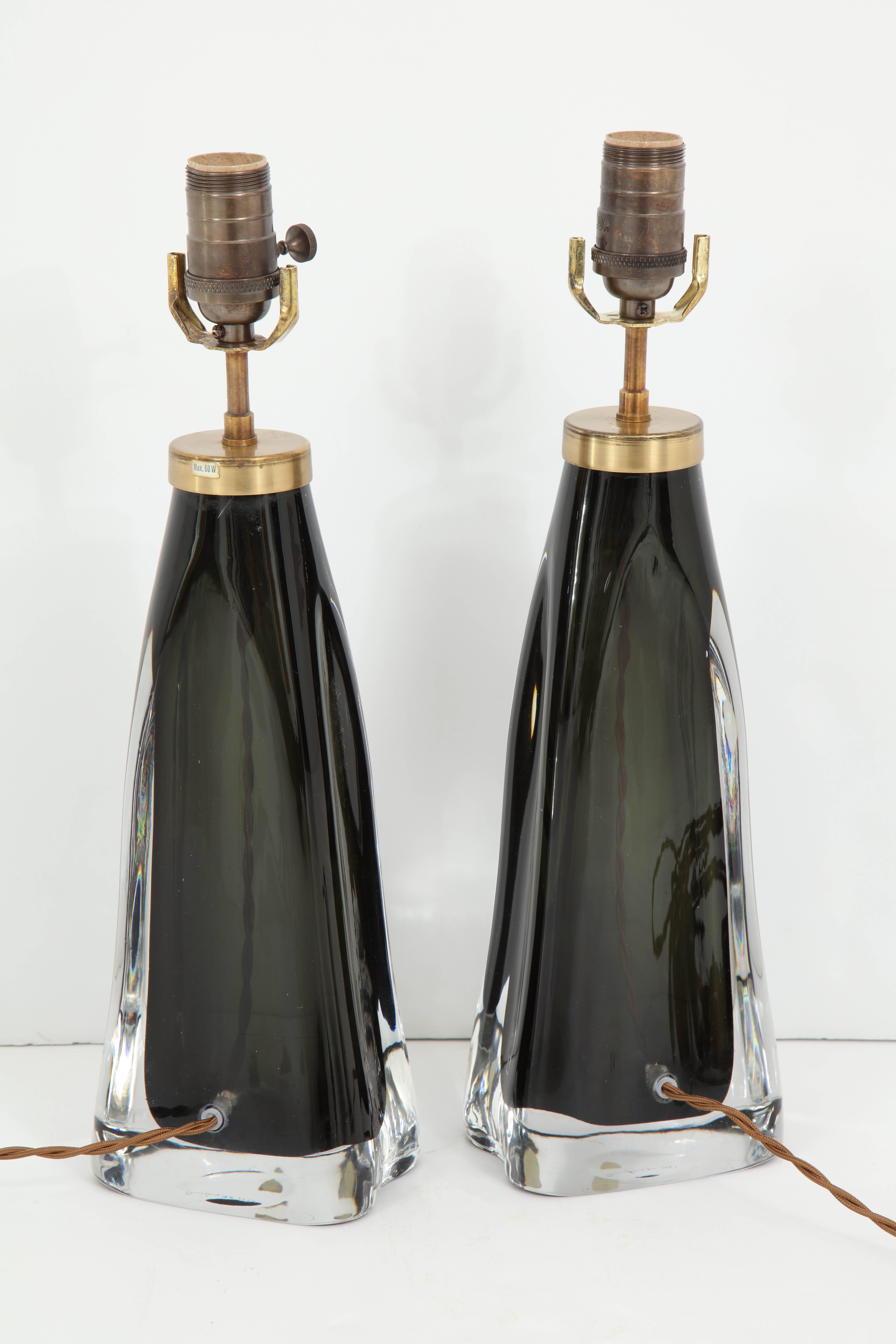 Pair of Black Orrefors Crystal Lamps For Sale 3