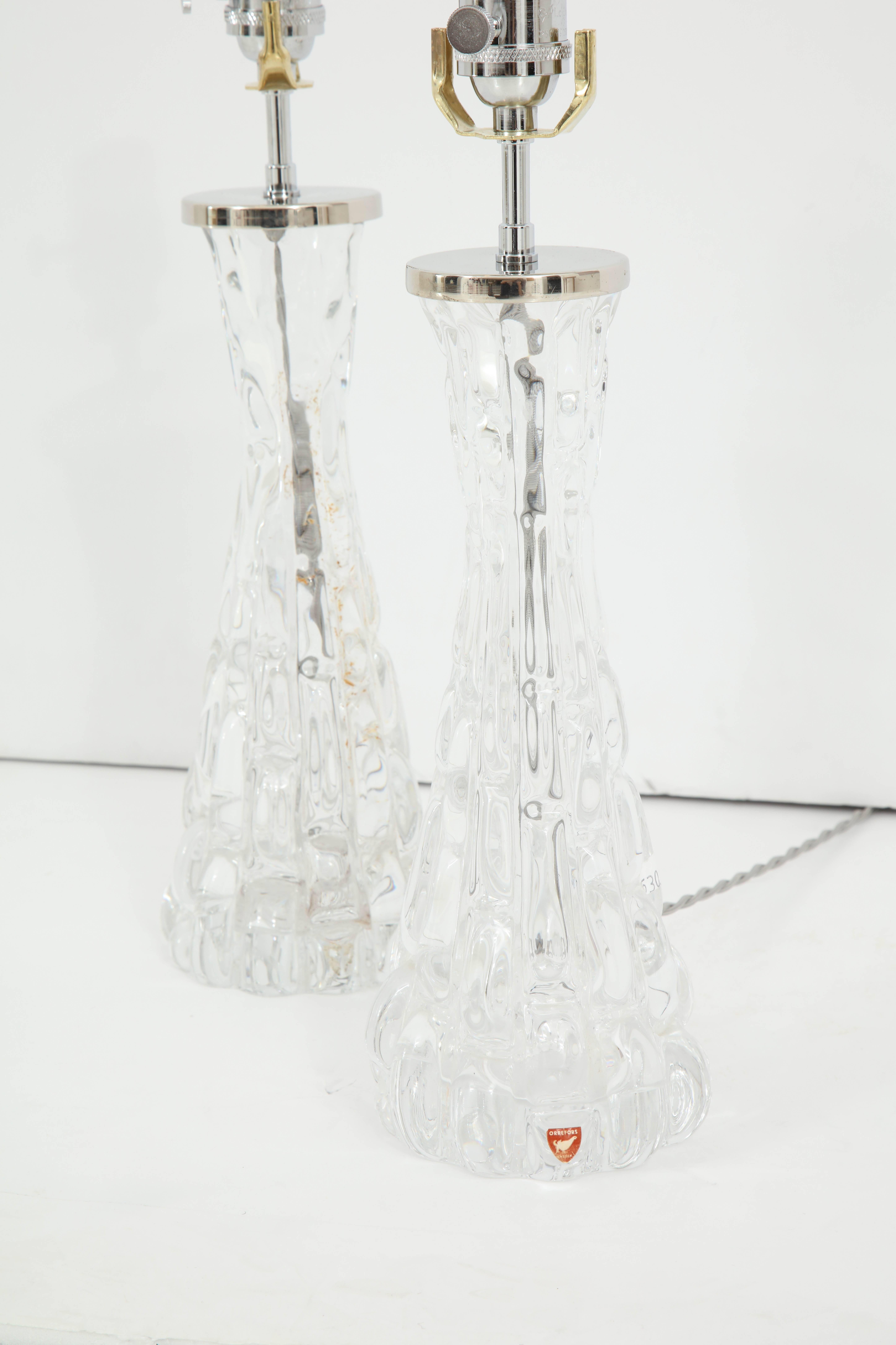 Swedish Pair of Orrefors Crystal Lamps For Sale