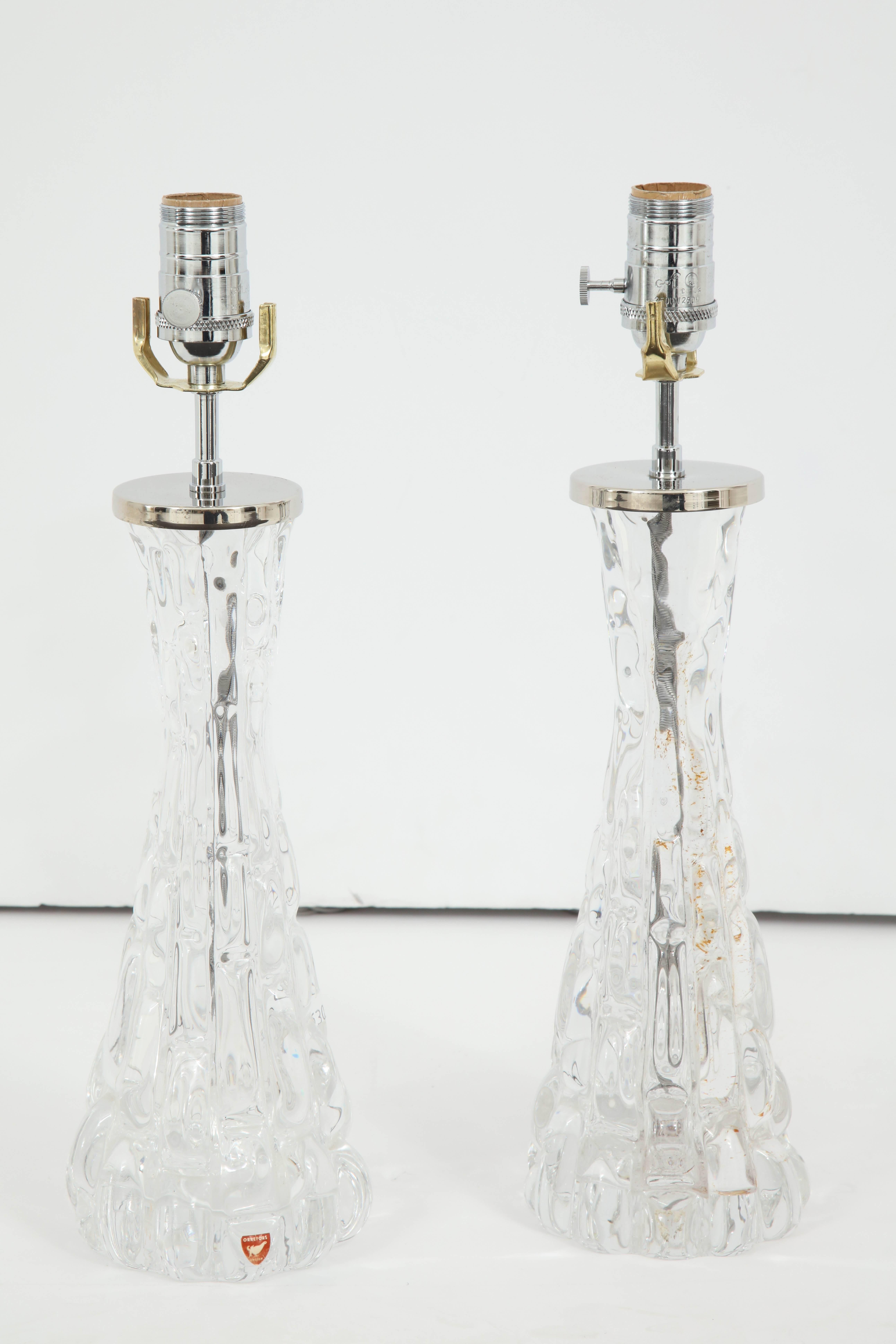 Pair of Orrefors Crystal Lamps For Sale 3
